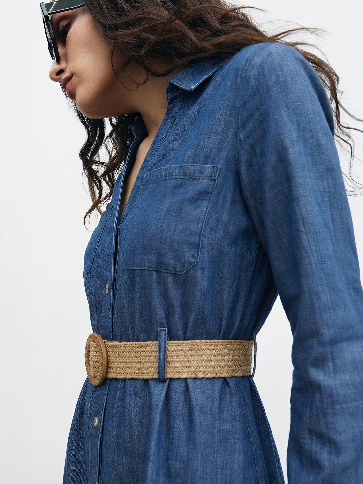 Long Sleeve Chambray Belted Shirt Midi Dress - Image 3