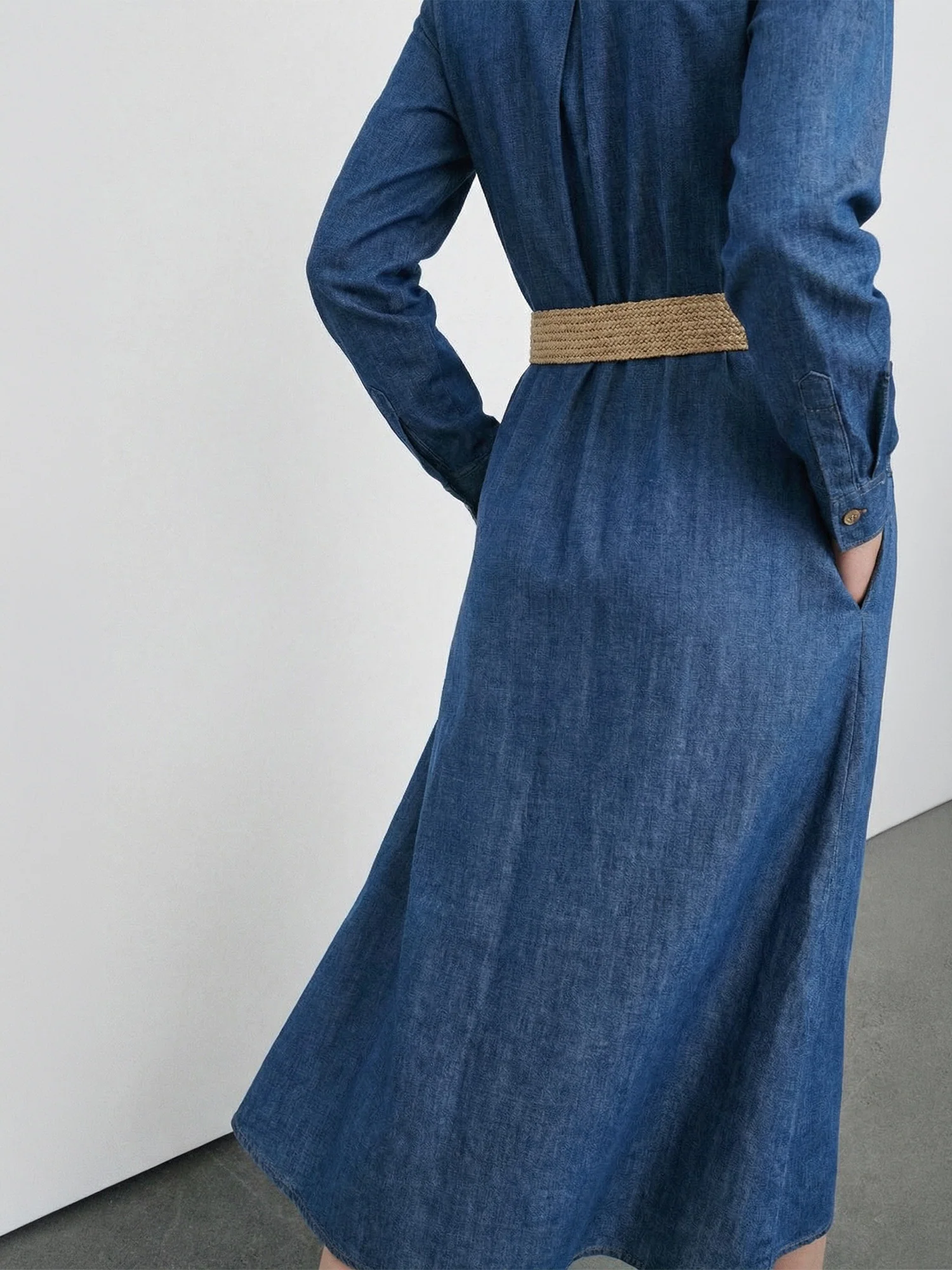 Long Sleeve Chambray Belted Shirt Midi Dress - Image 4