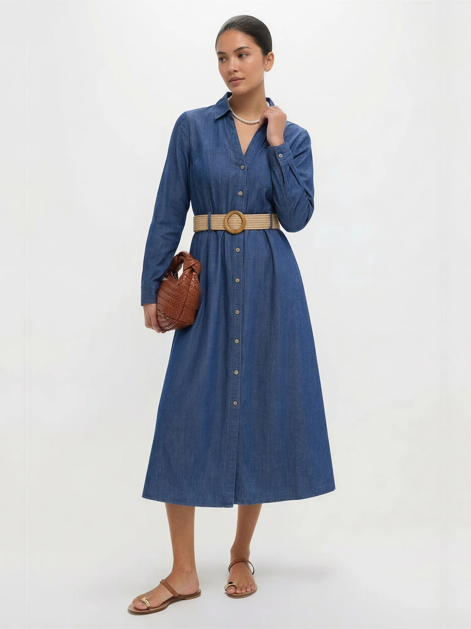 Long Sleeve Chambray Belted Shirt Midi Dress - Image 5