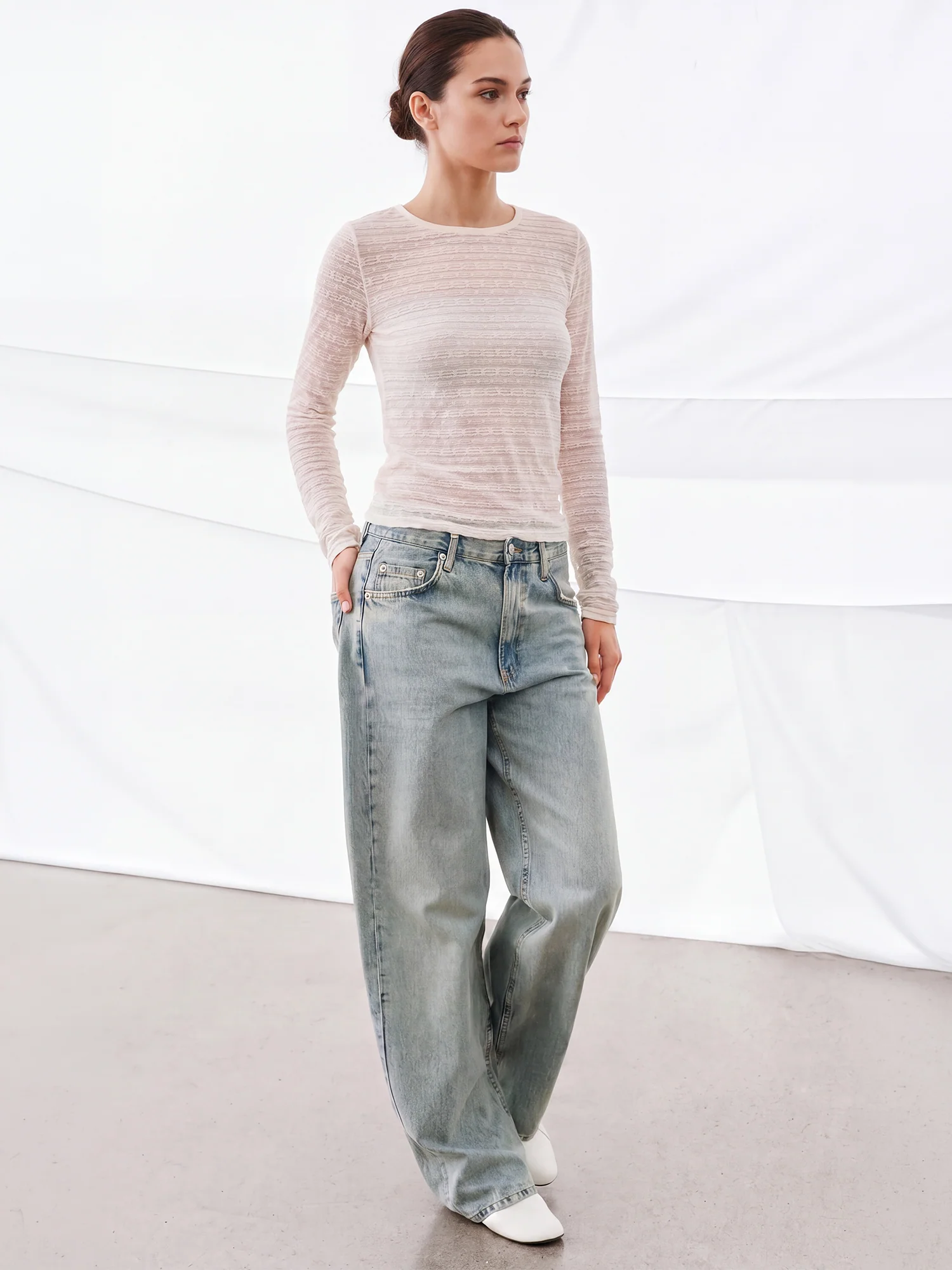 Long Sleeves Crew Neck Stretch Lace Transparent Top - Image 7