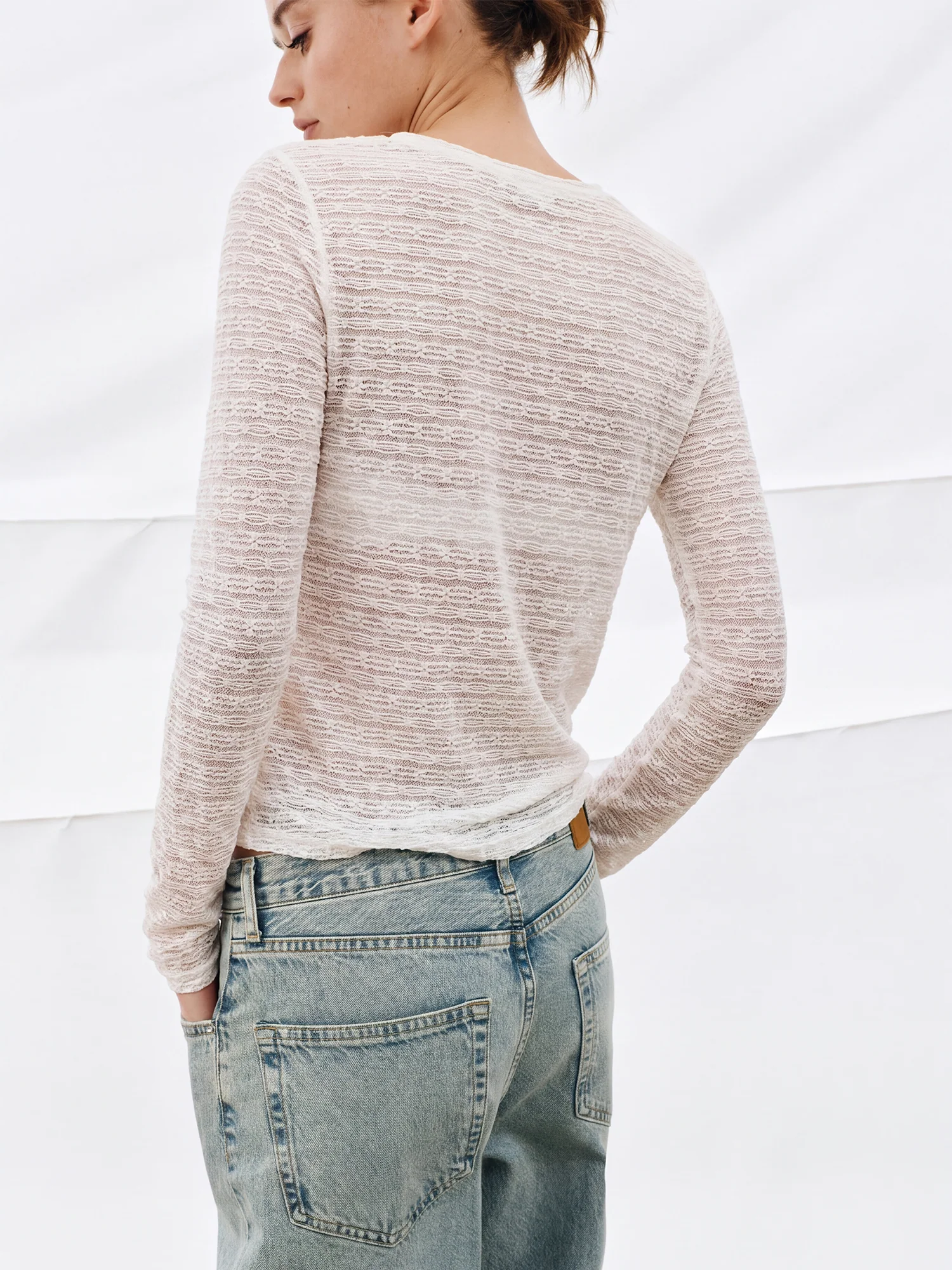 Long Sleeves Crew Neck Stretch Lace Transparent Top - Image 8