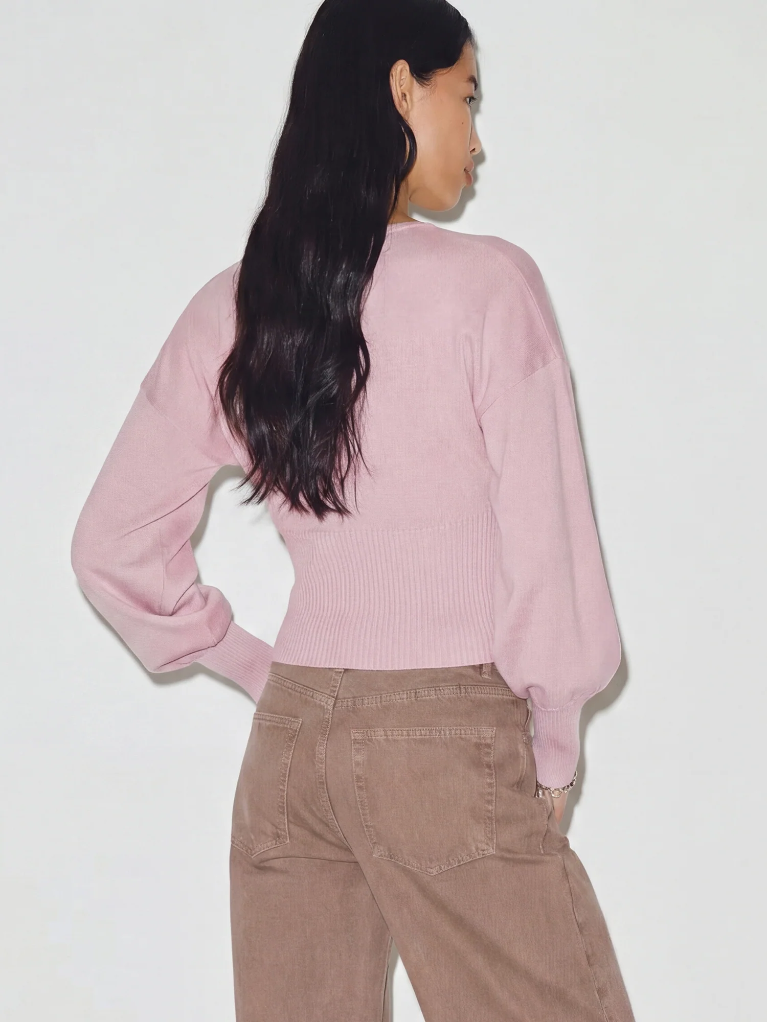 Long Sleeves Ribbed Waist Poet Sleeve Cardigan Top - Image 3