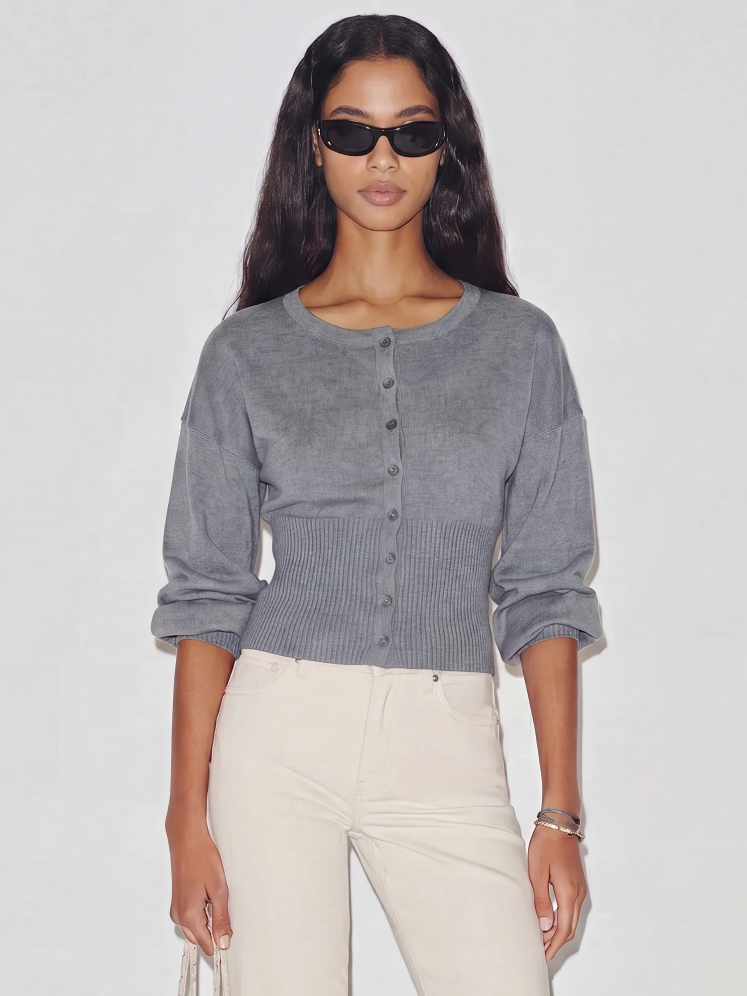 Long Sleeves Ribbed Waist Poet Sleeve Cardigan Top - Image 5