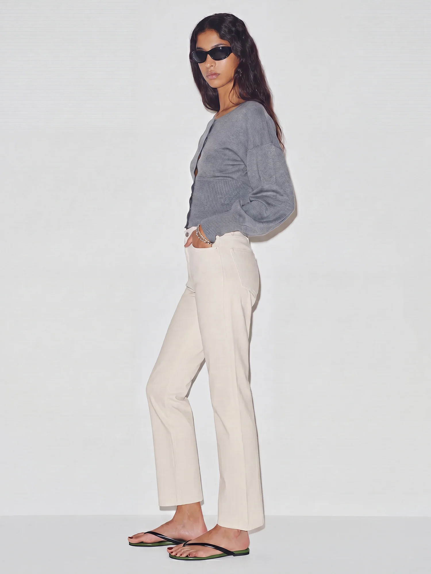 Long Sleeves Ribbed Waist Poet Sleeve Cardigan Top - Image 6