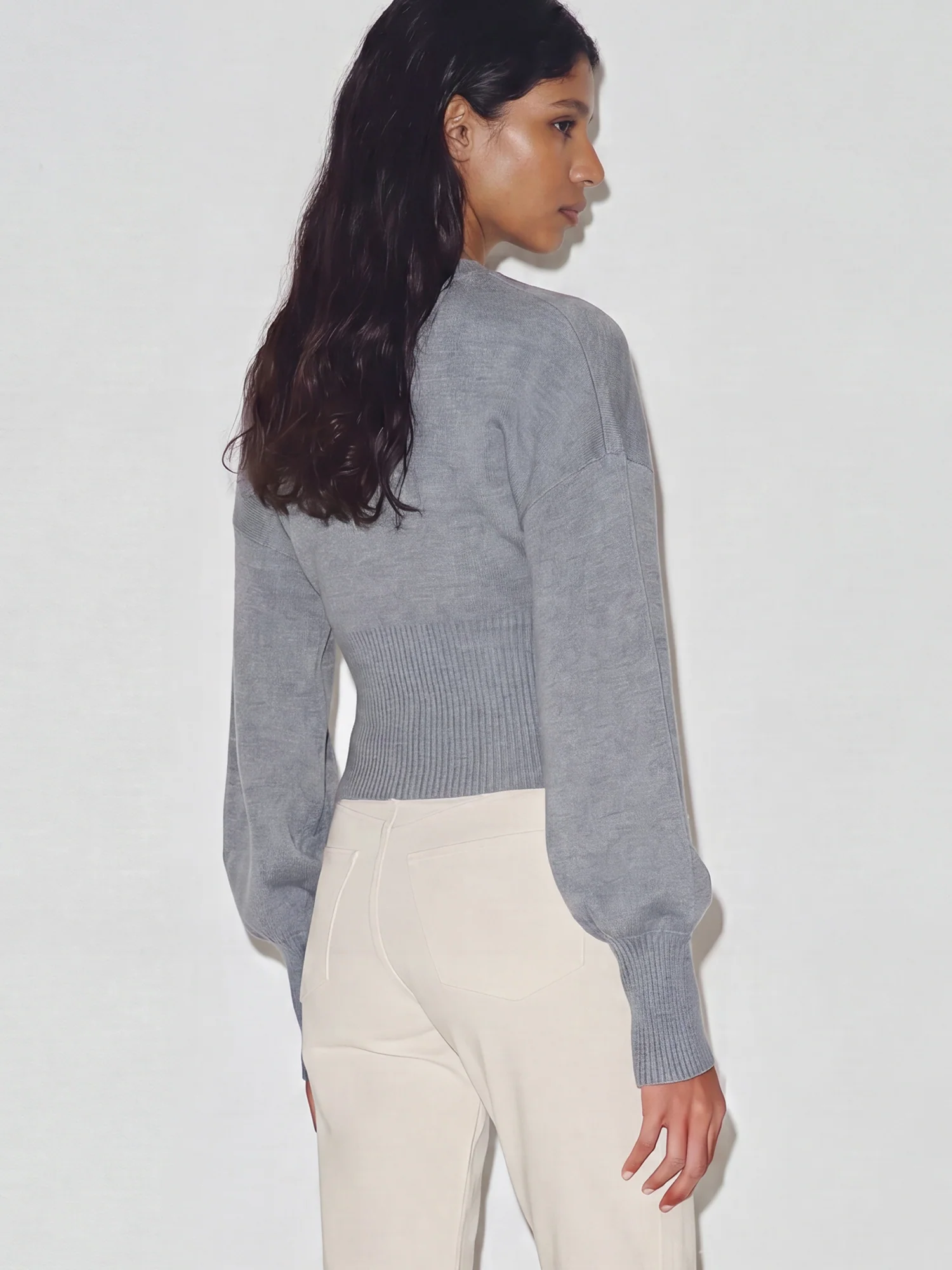 Long Sleeves Ribbed Waist Poet Sleeve Cardigan Top - Image 7