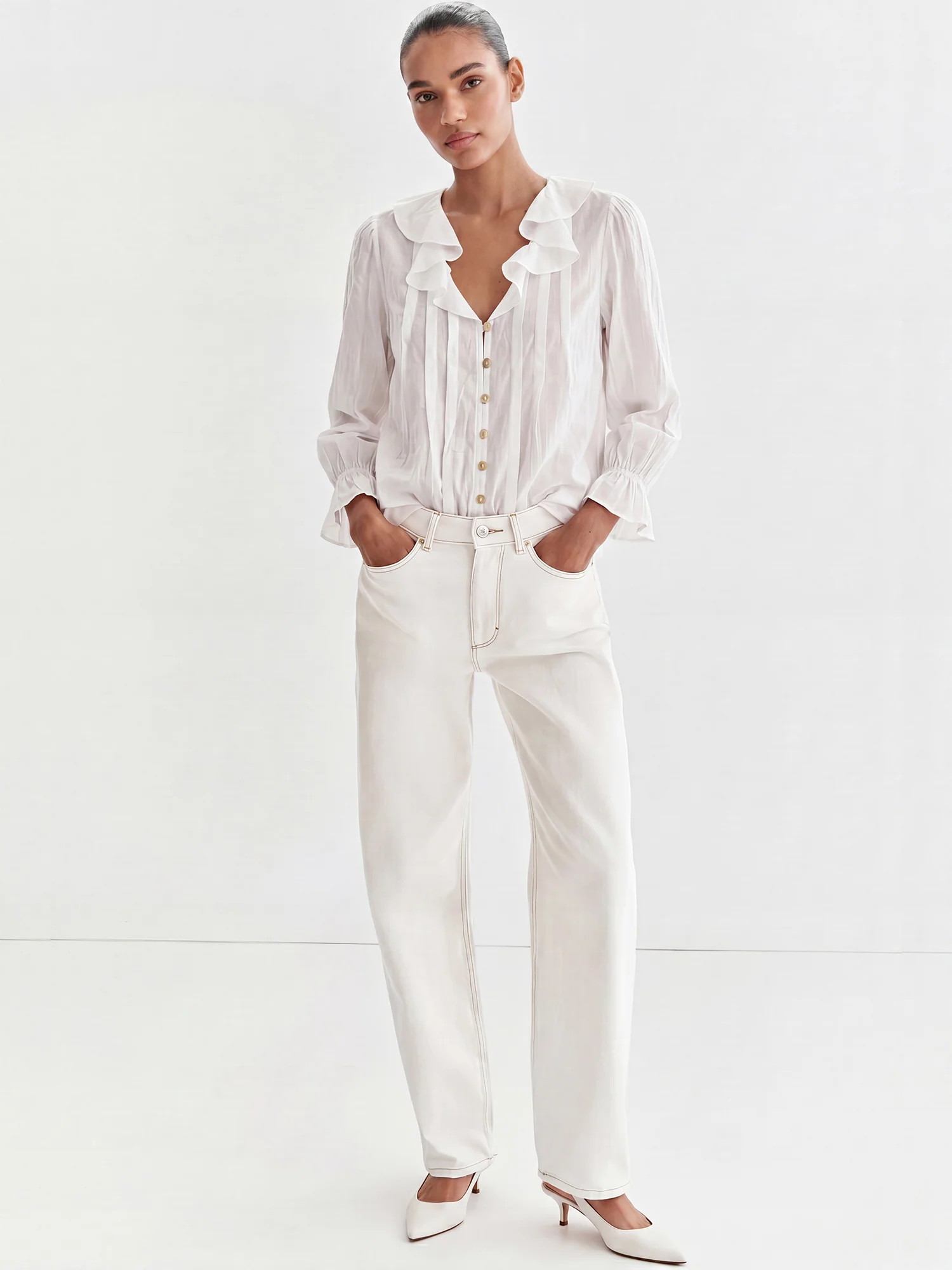 Long Sleeves Ruffle Collar V Neck Blouse - Image 2