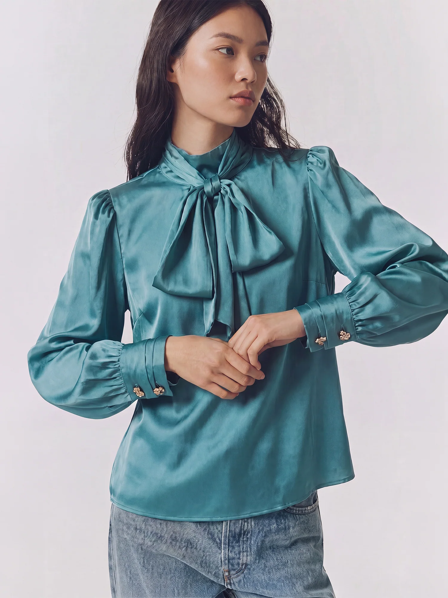 Long Sleeves Stretch Satin Bow Blouse
