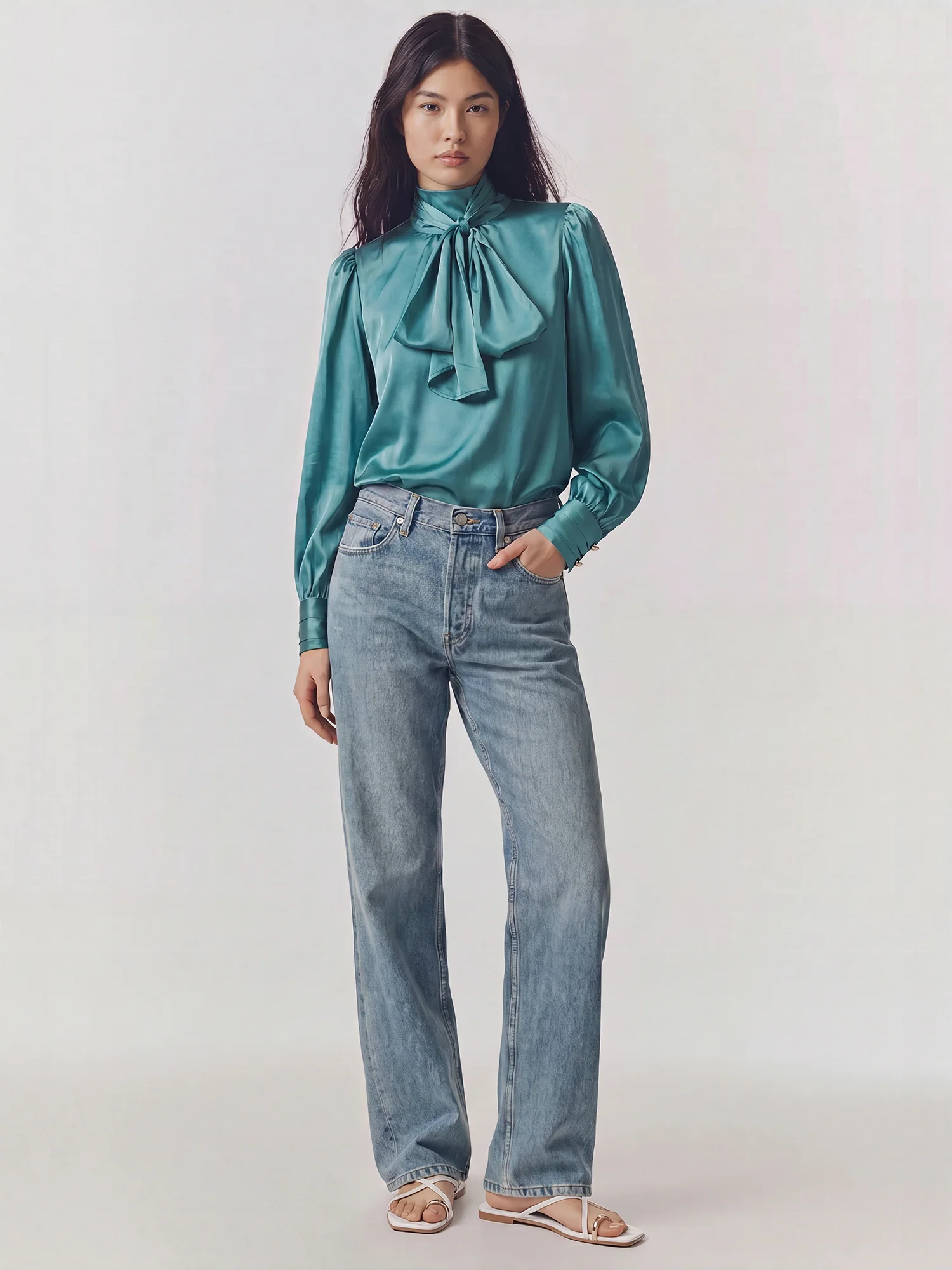 Long Sleeves Stretch Satin Bow Blouse - Image 2