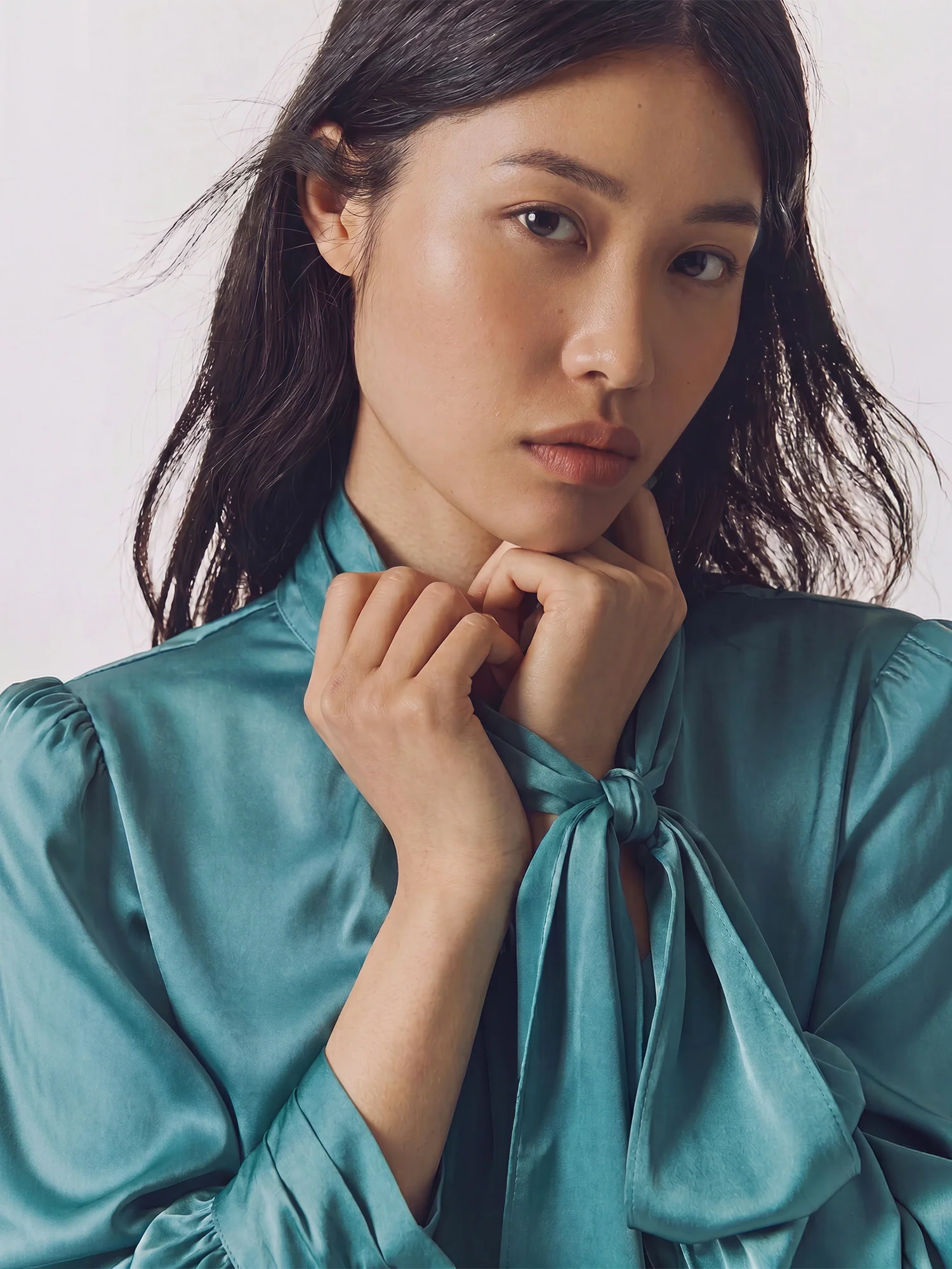 Long Sleeves Stretch Satin Bow Blouse - Image 3