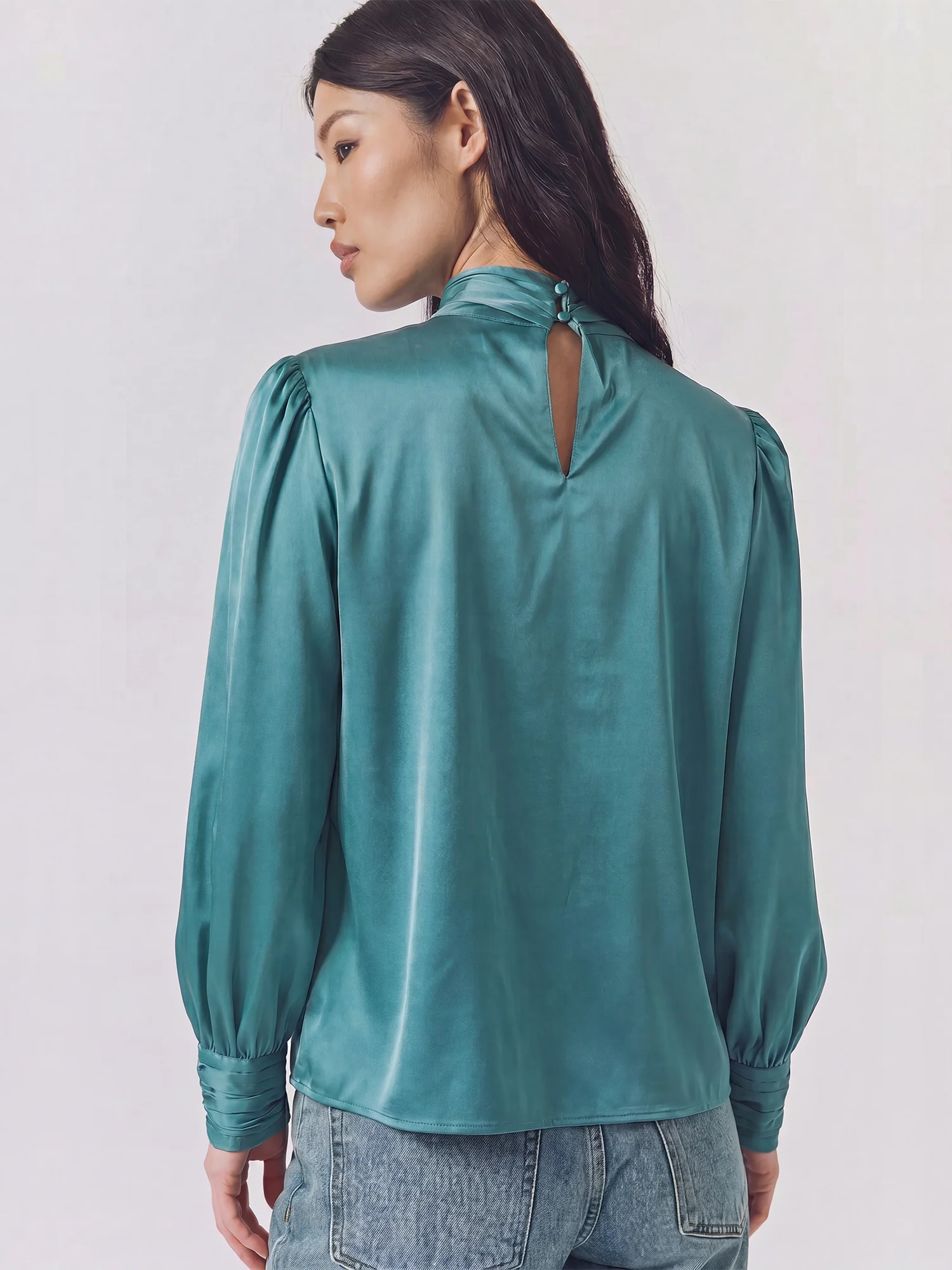 Long Sleeves Stretch Satin Bow Blouse - Image 4