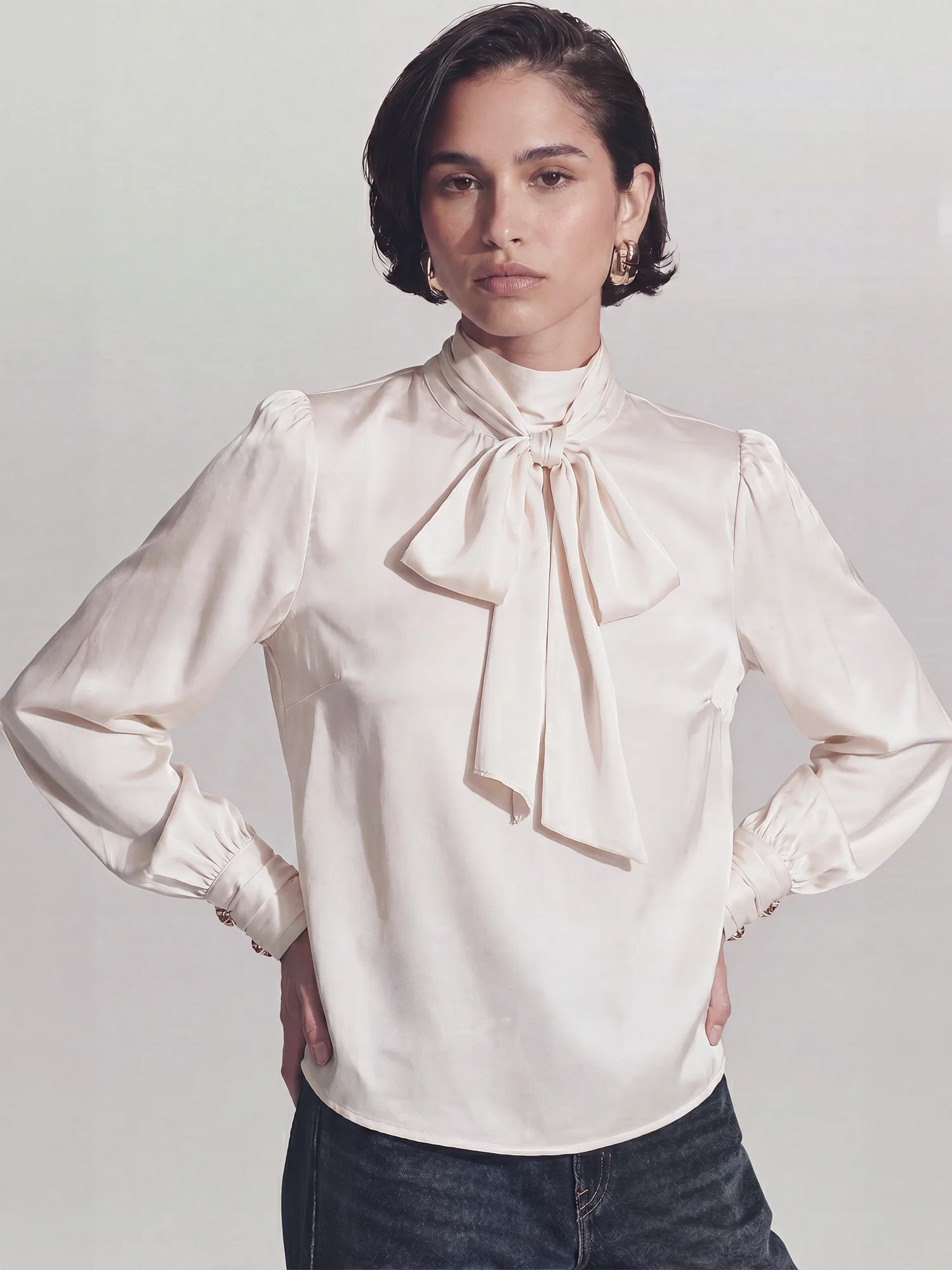 Long Sleeves Stretch Satin Bow Blouse - Image 6