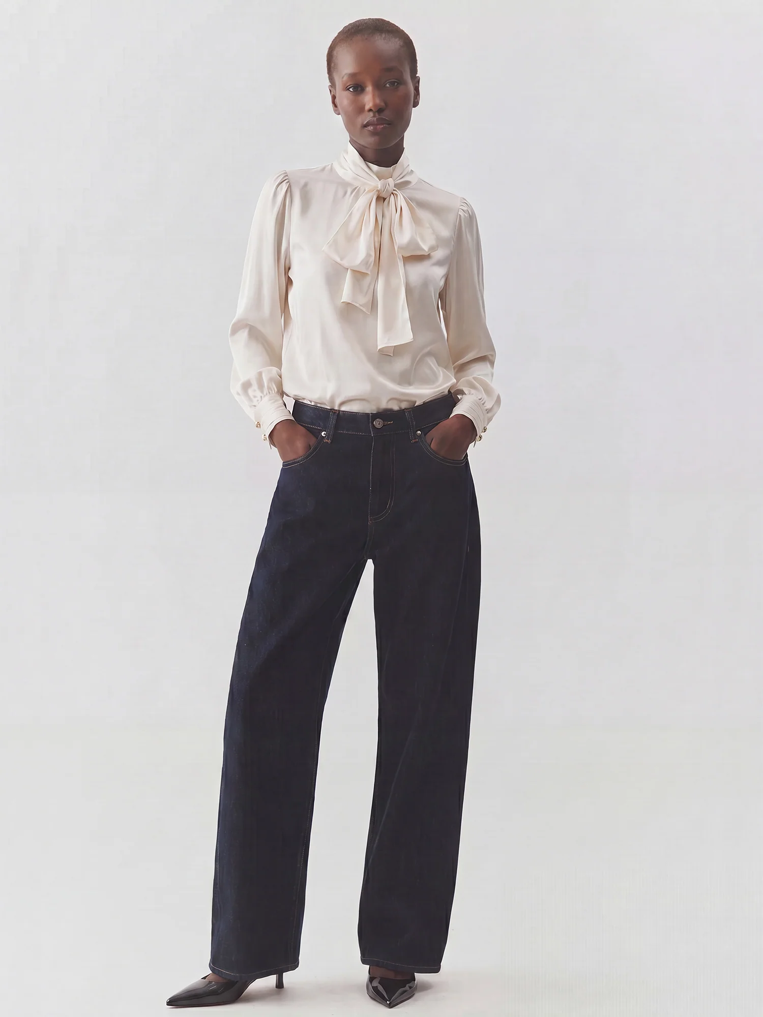 Long Sleeves Stretch Satin Bow Blouse - Image 7