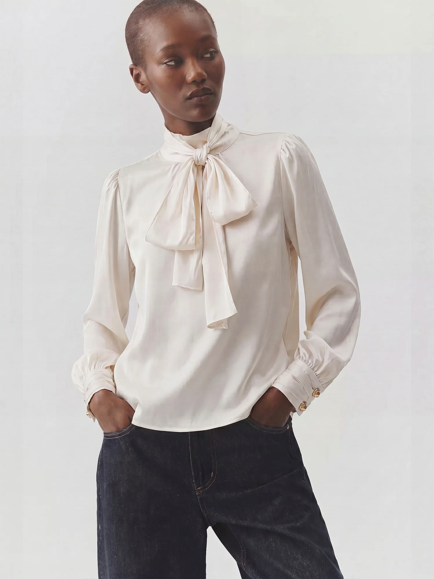 Long Sleeves Stretch Satin Bow Blouse - Image 8