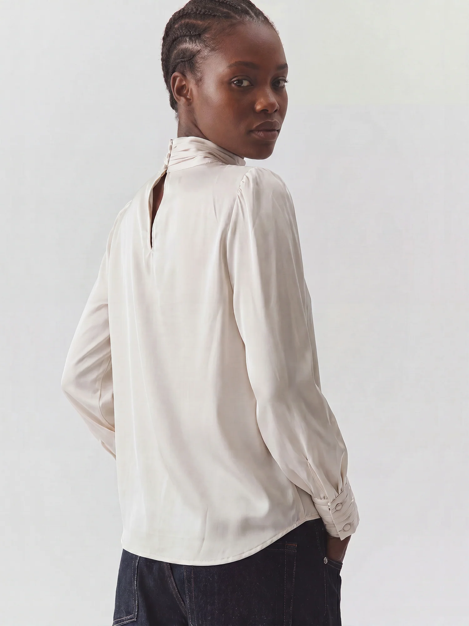 Long Sleeves Stretch Satin Bow Blouse - Image 9