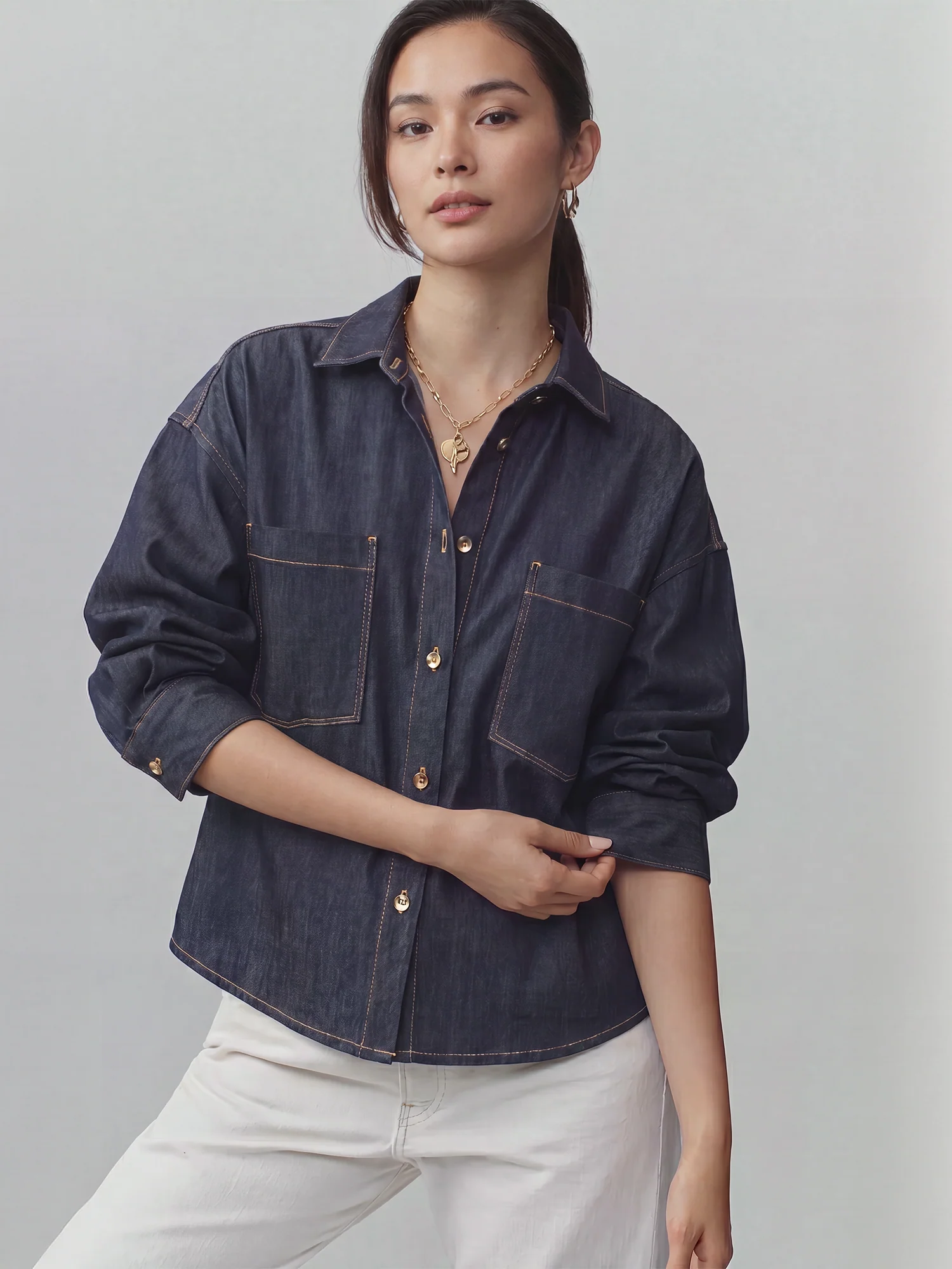 Long Sleeves Utility Pocket Stretch Denim Shirt