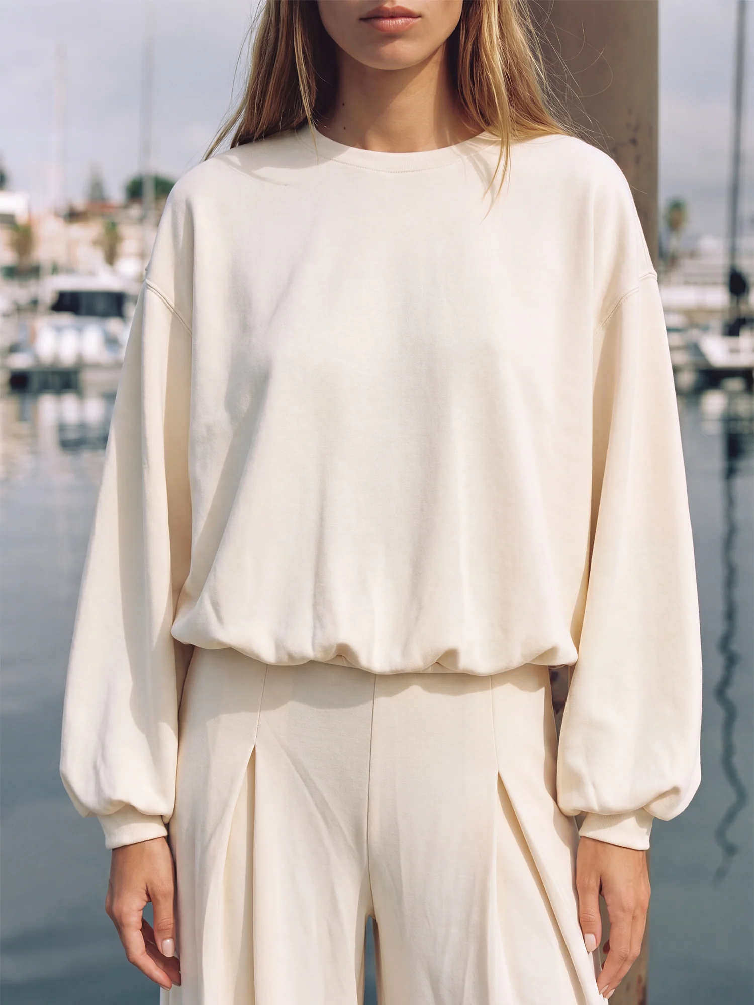 Lush Fleece Cropped Bubbled Hem Crewneck Sweatshirt With Dolman Sleeves - Image 11