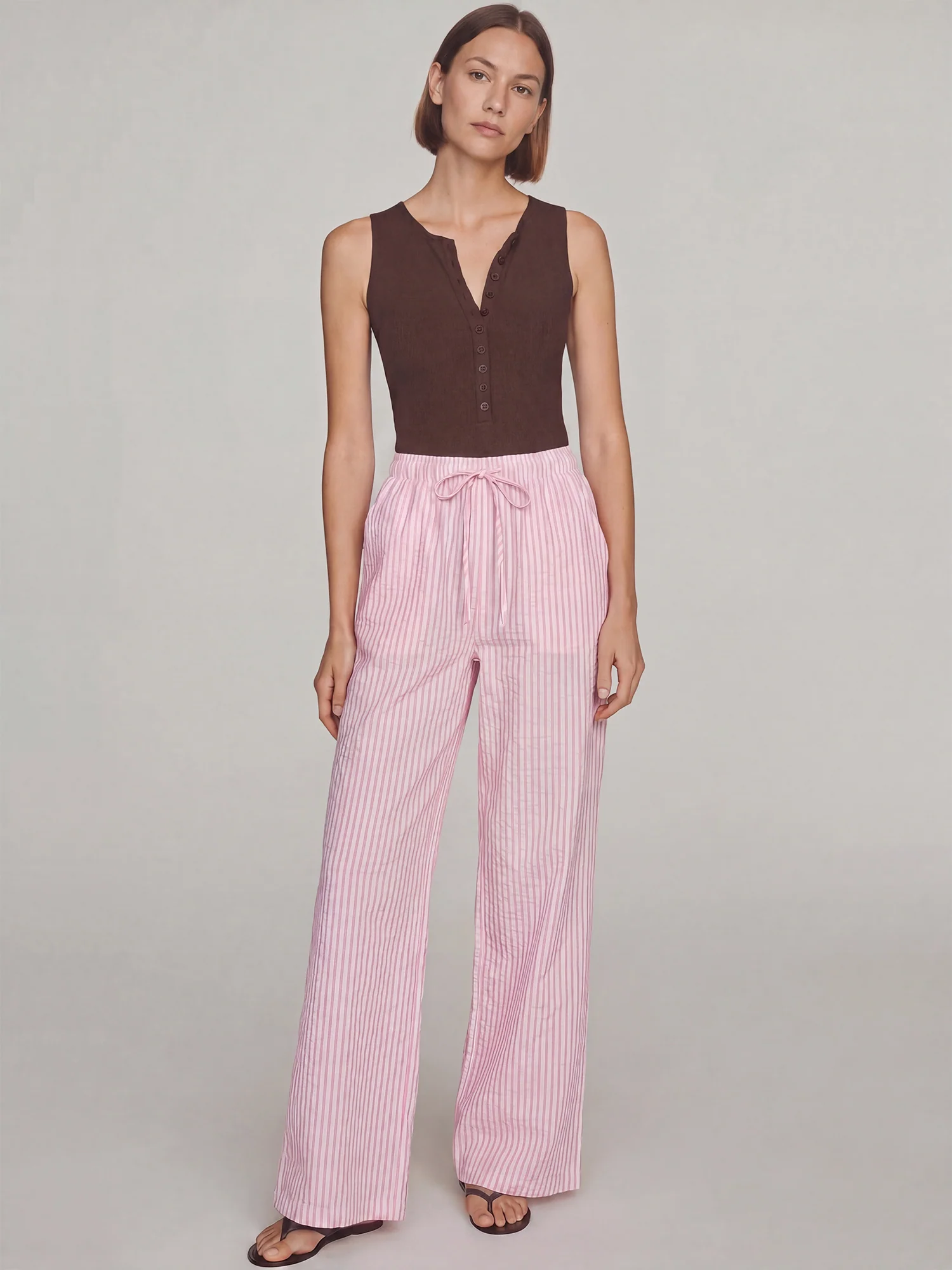 Mid-Rise Relaxed Tie Details Striped Pants
