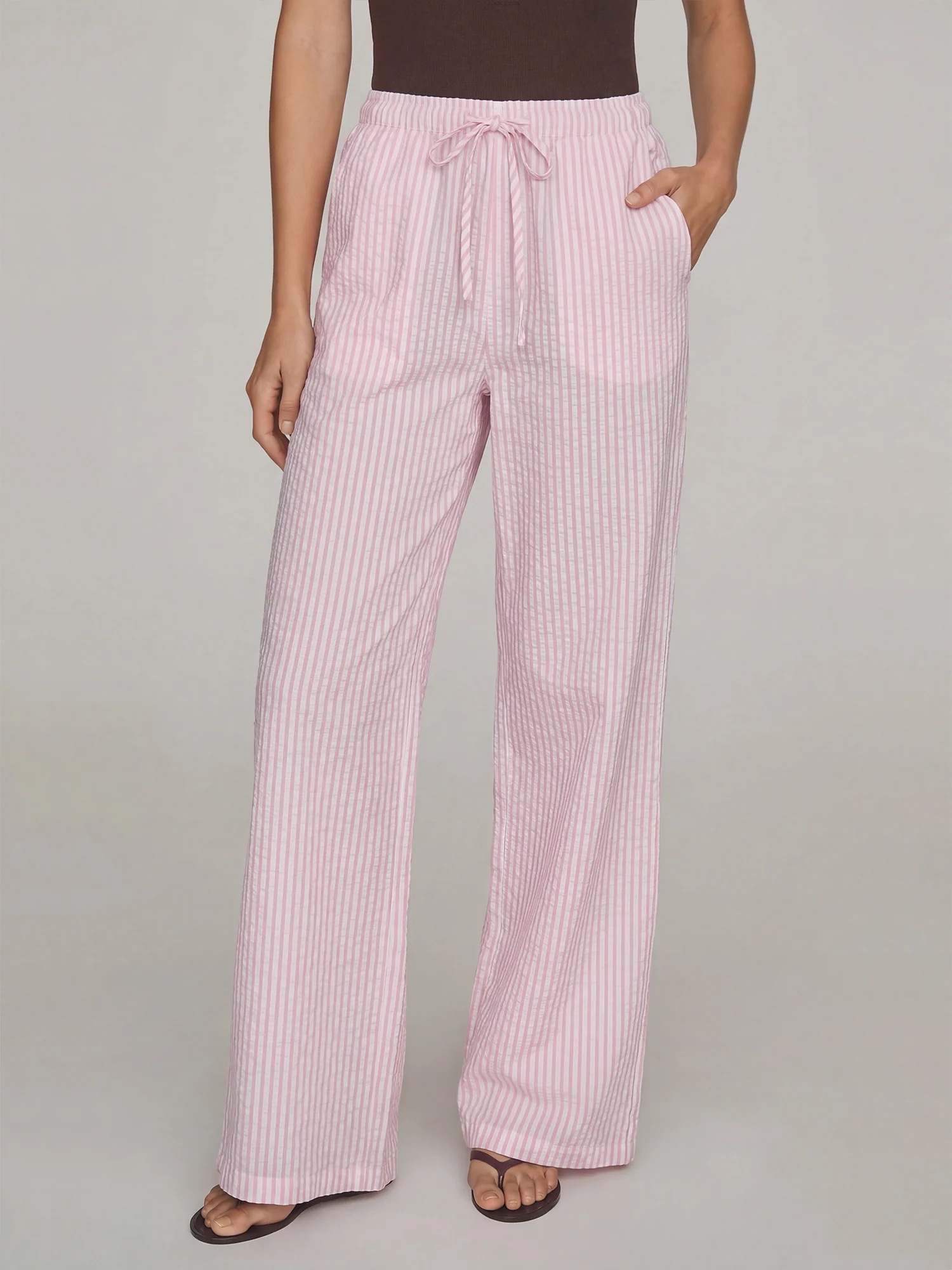 Mid-Rise Relaxed Tie Details Striped Pants - Image 2
