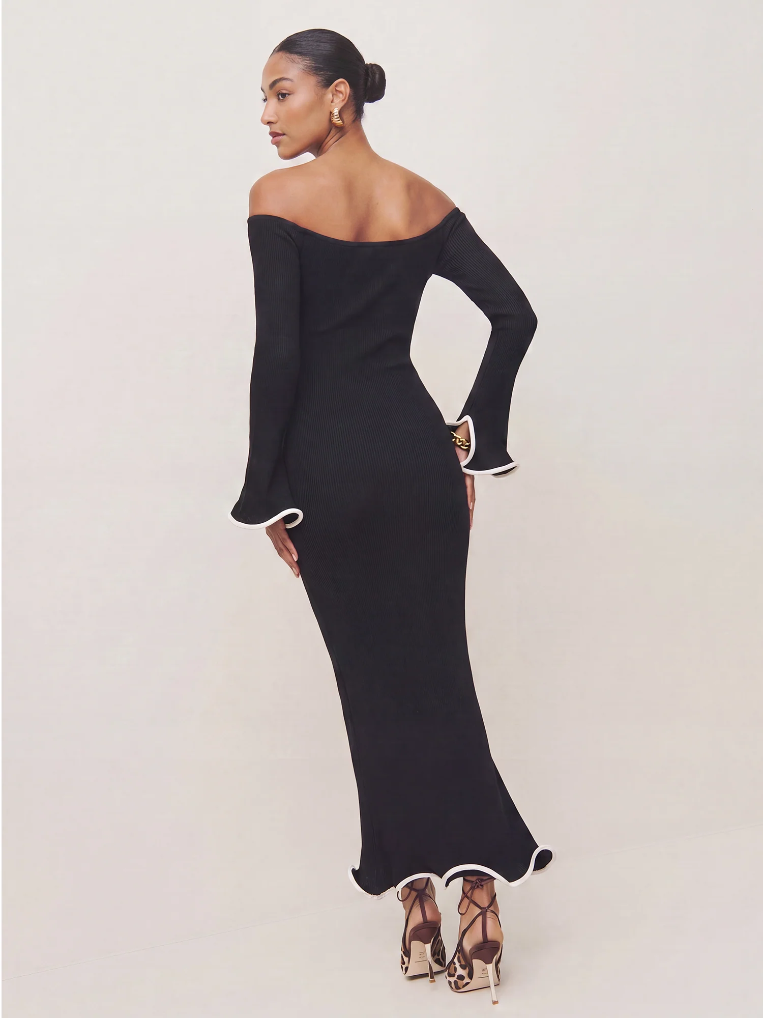 Off The Shoulder Knit Contrast Trim Knit Maxi Bodycon Dress - Image 3