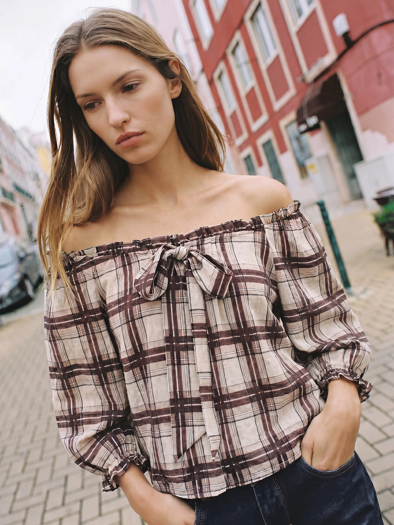 Off The Shoulder Plaid Top