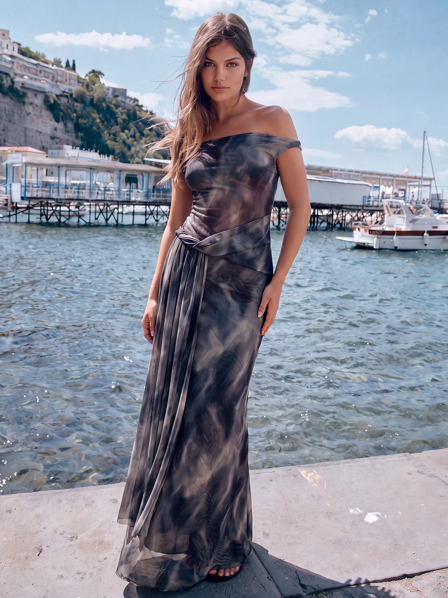 Off The Shoulder Water Color Mesh Tie Waist Maxi Dress