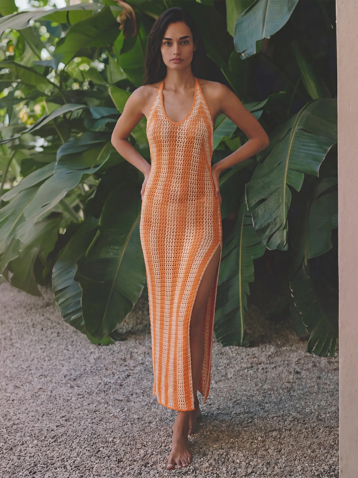 Open Crochet Halter Neck Slit Maxi Dress - Image 5