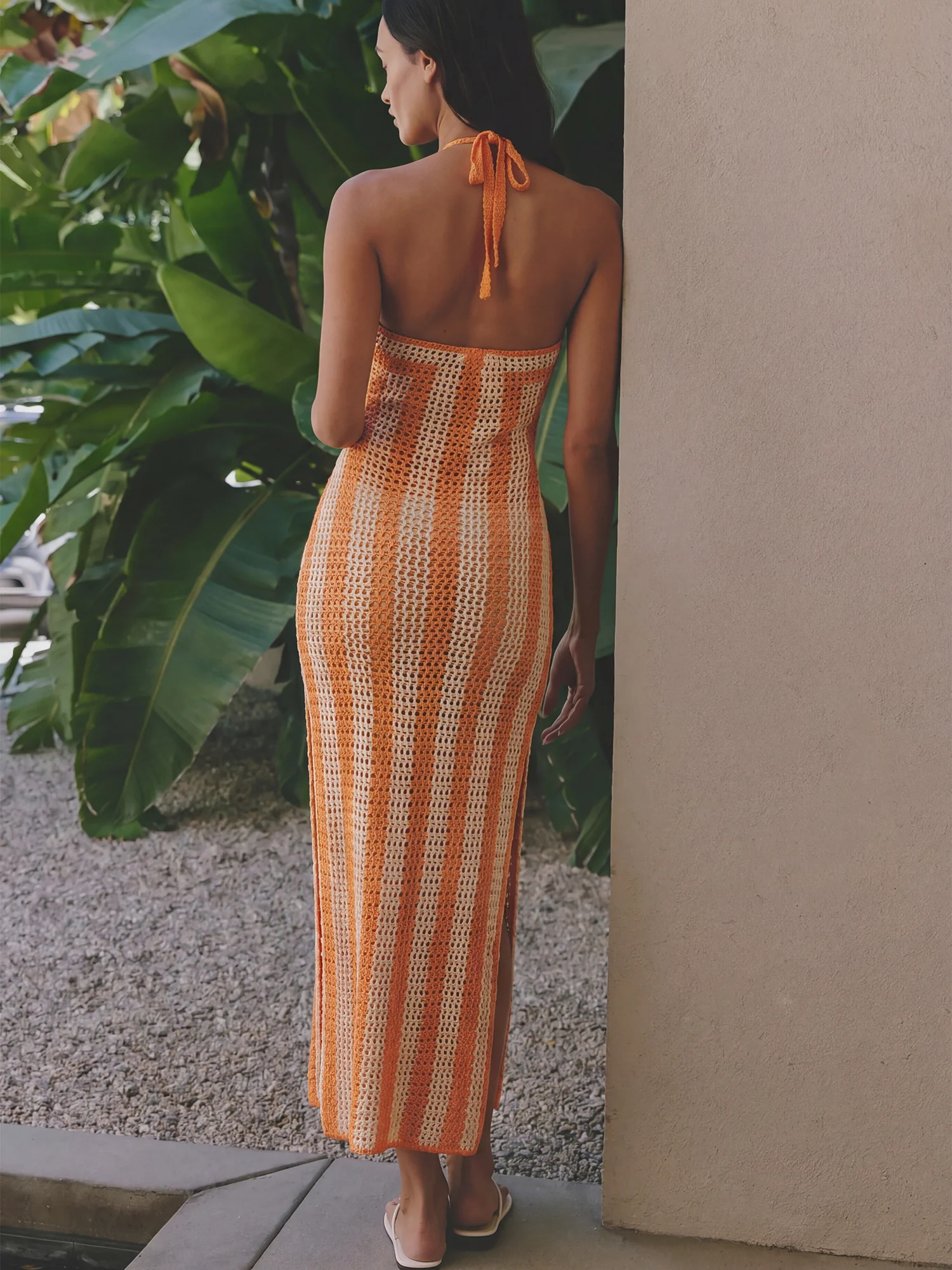 Open Crochet Halter Neck Slit Maxi Dress - Image 7