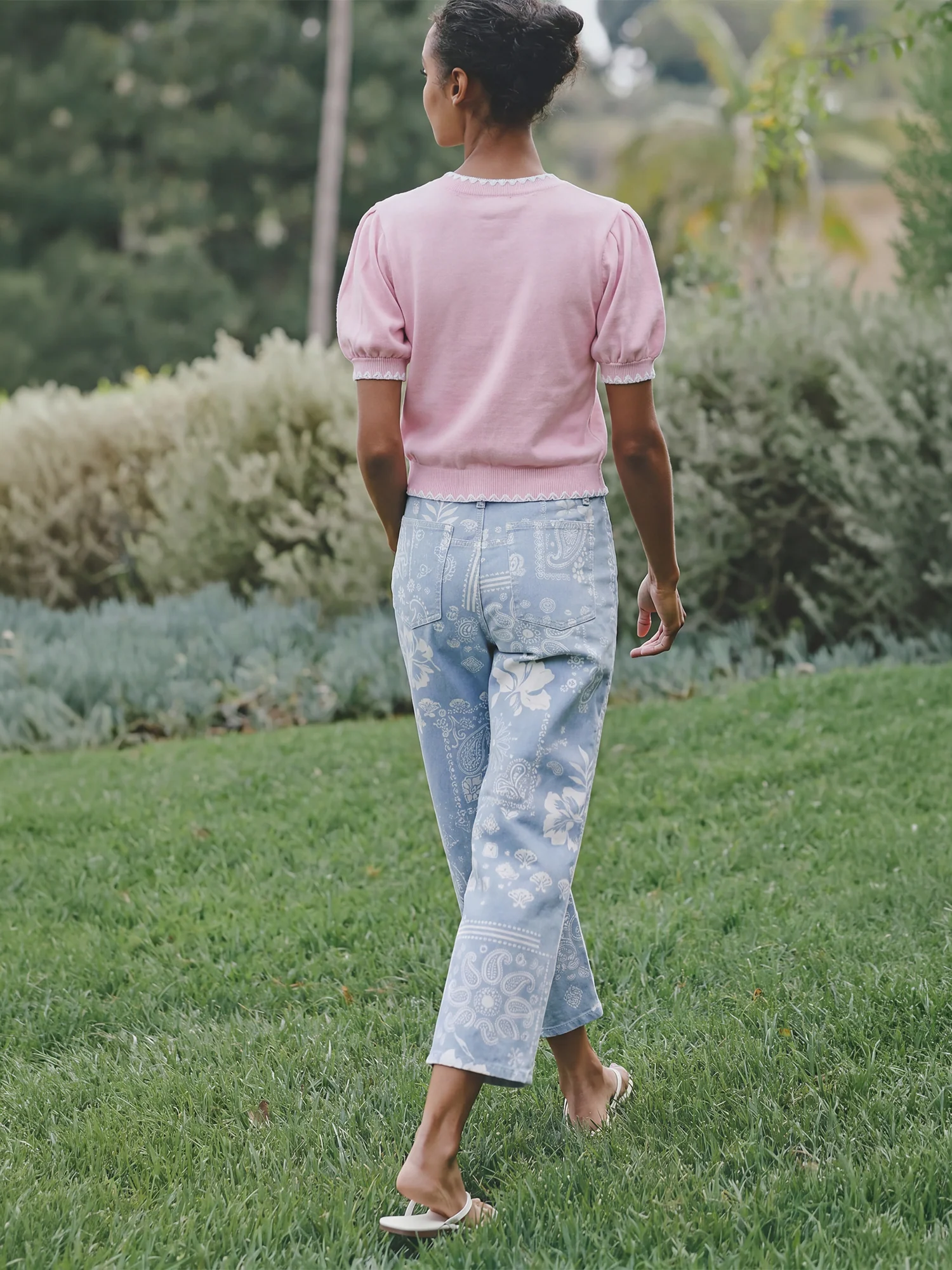 Paisely Printed Soft Twill Denim Straight Fit Ankle Pants - Image 4
