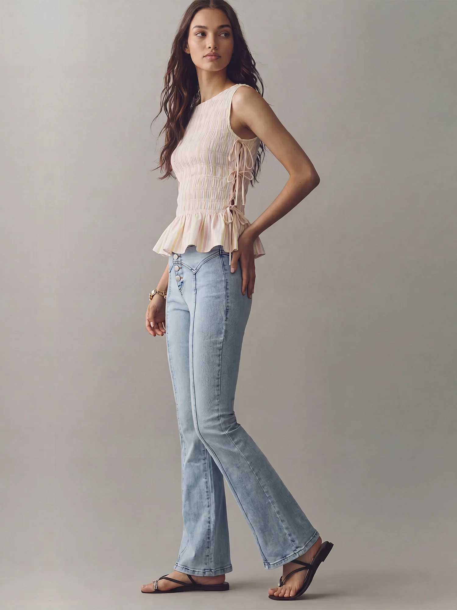 Pintuck High Waisted Flare Denim Jeans - Image 3