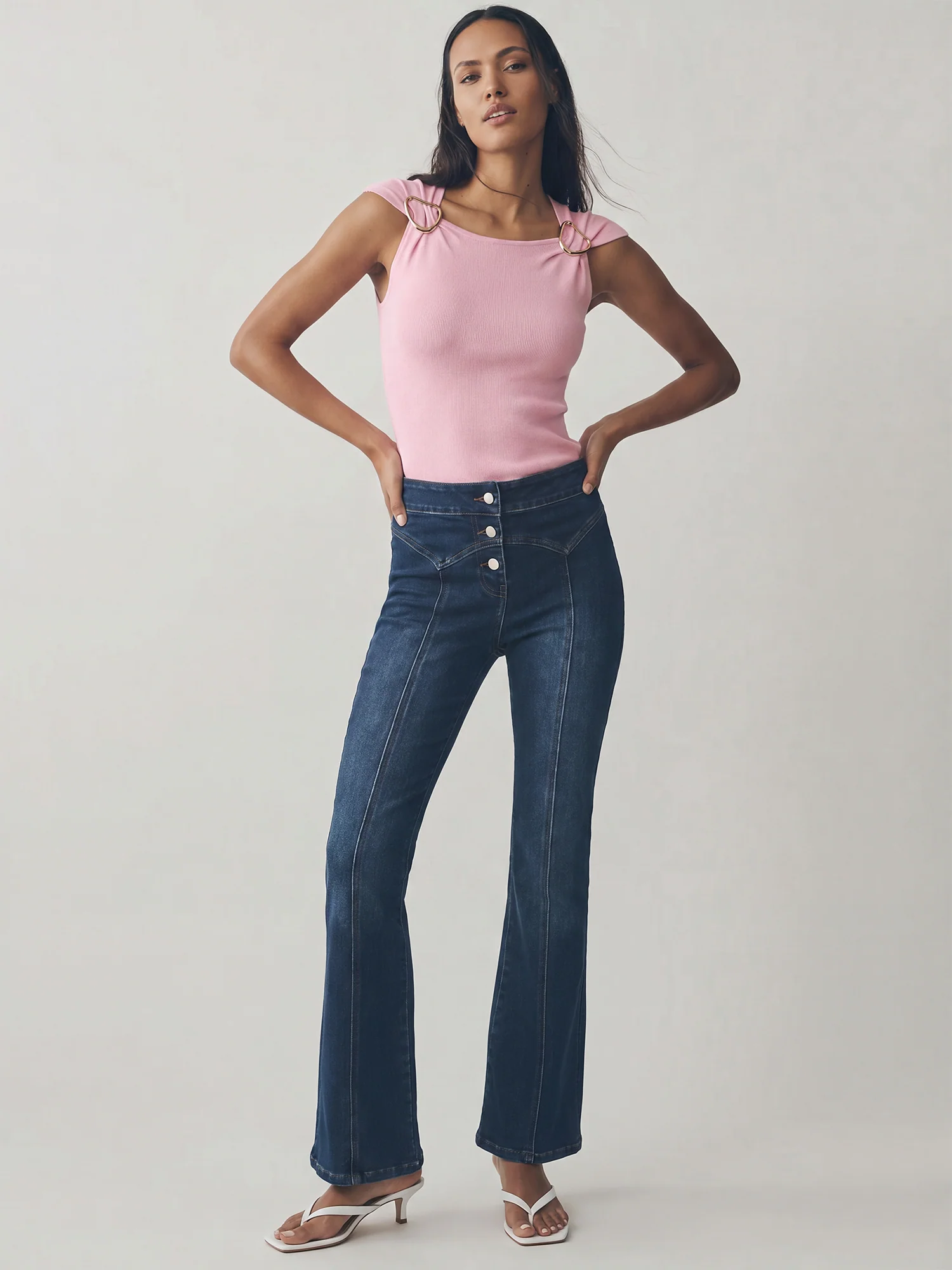 Pintuck High Waisted Flare Denim Jeans - Image 6