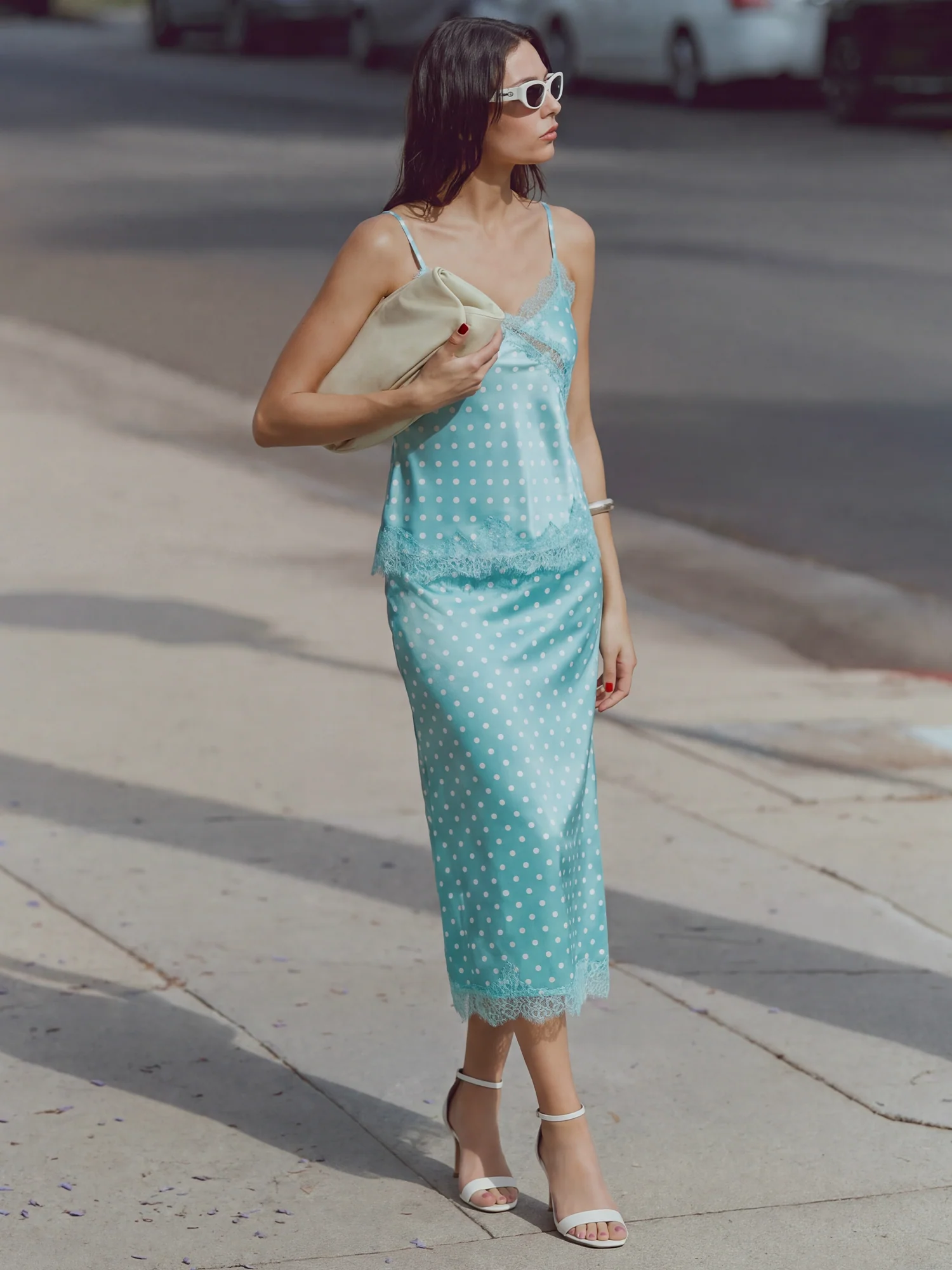 Polka Dot Asymetrical Satin Lace Top - Image 2