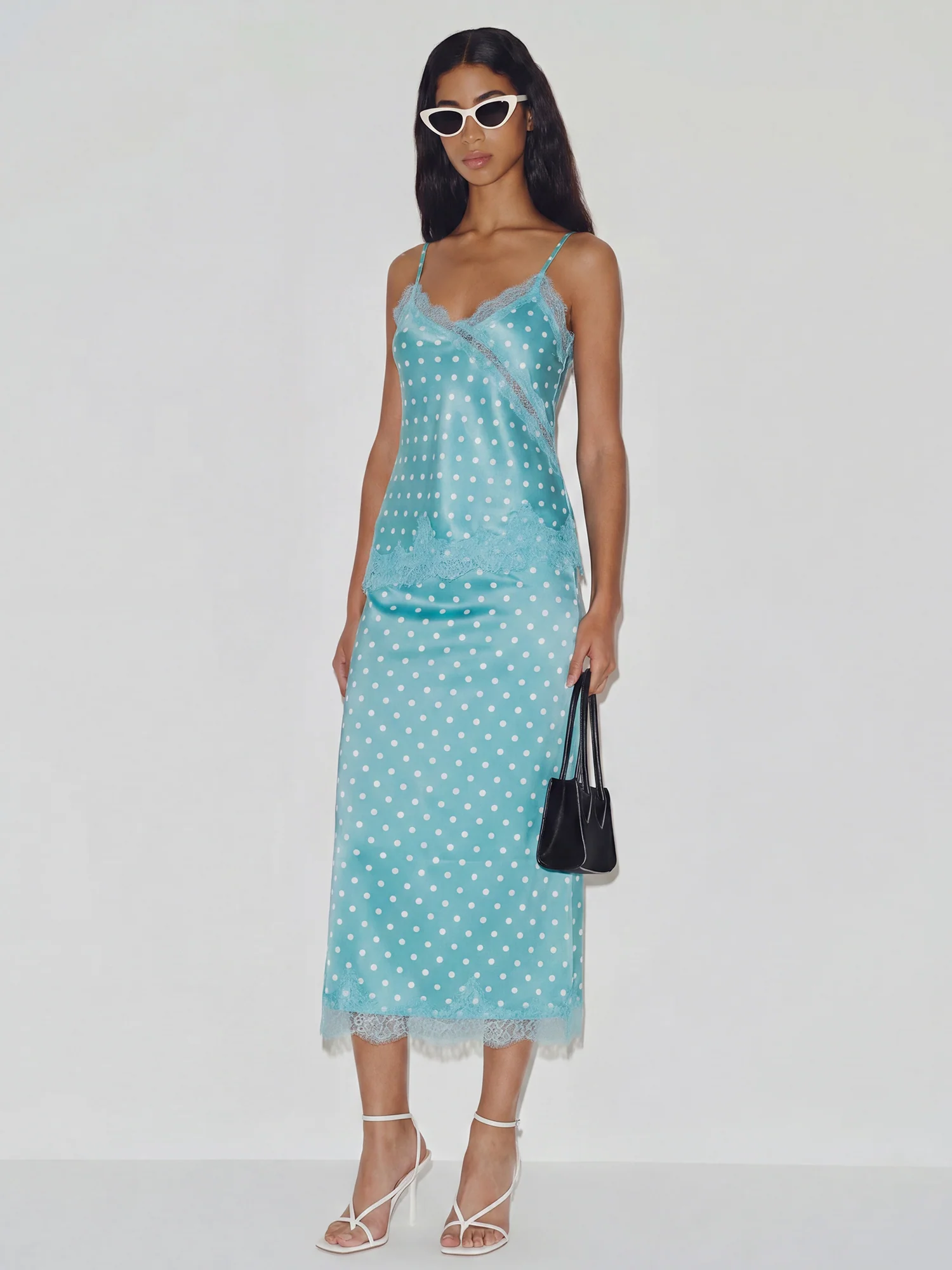 Polka Dot Asymetrical Satin Lace Top - Image 3
