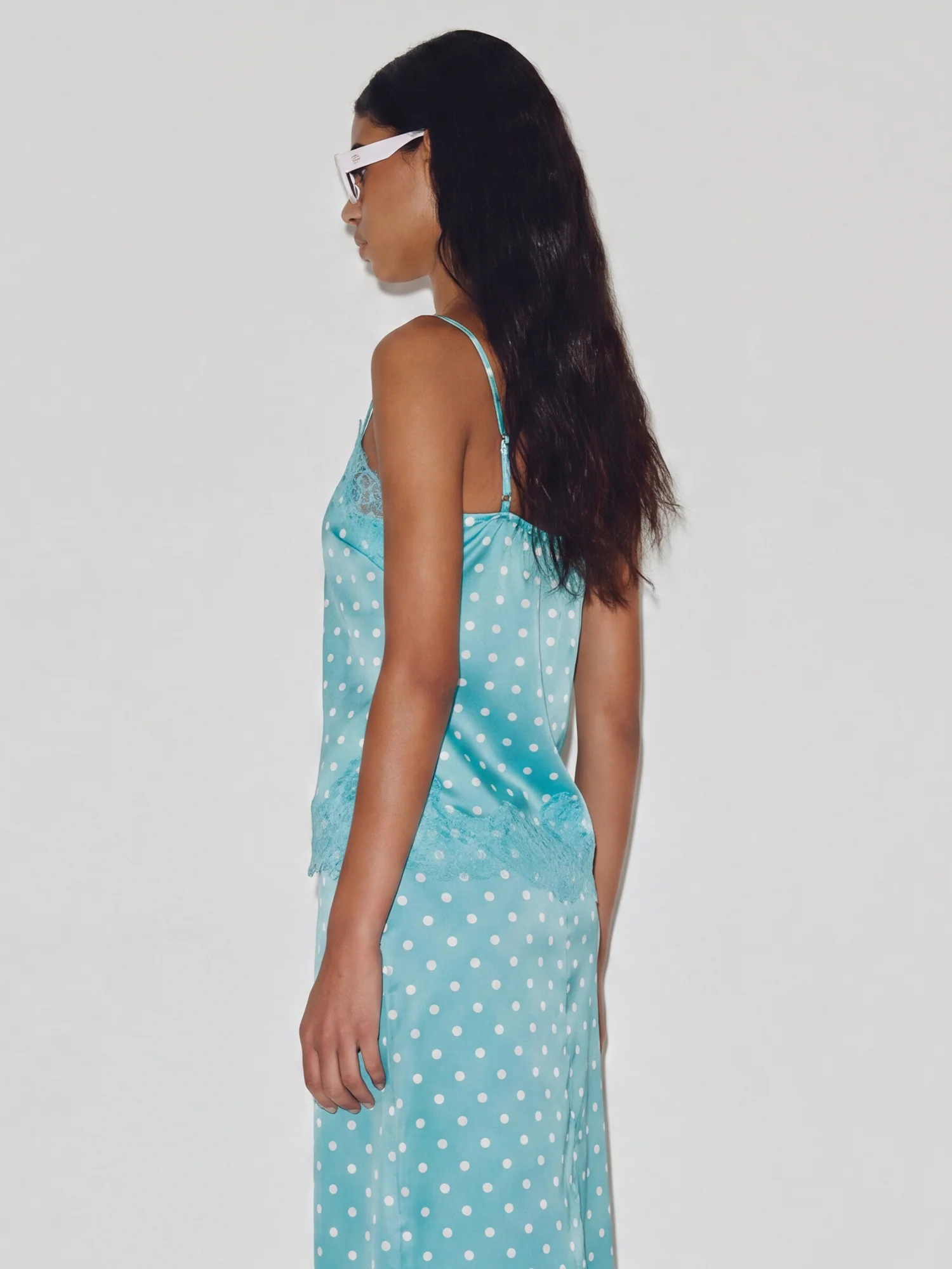 Polka Dot Asymetrical Satin Lace Top - Image 4