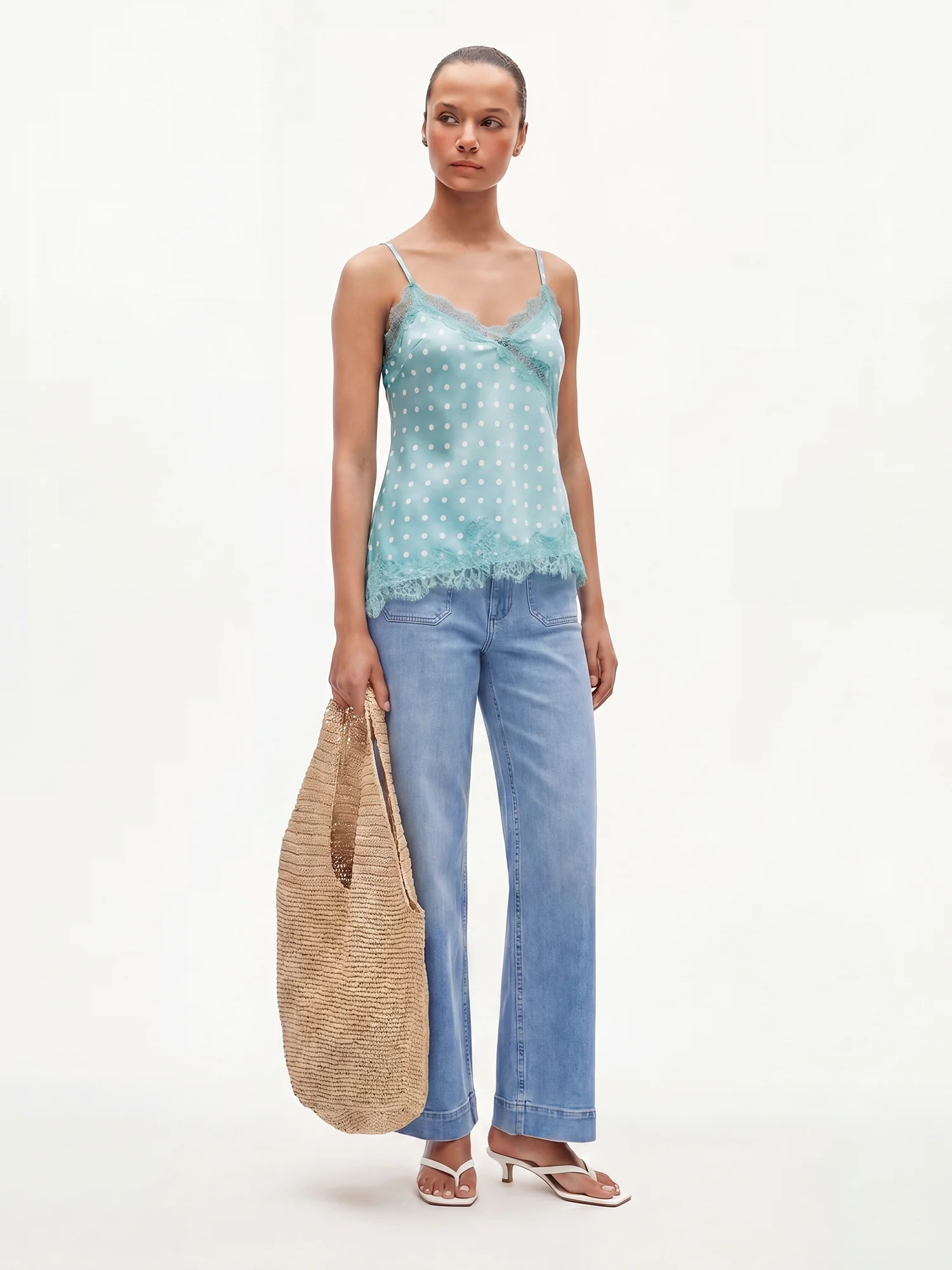 Polka Dot Asymetrical Satin Lace Top - Image 6