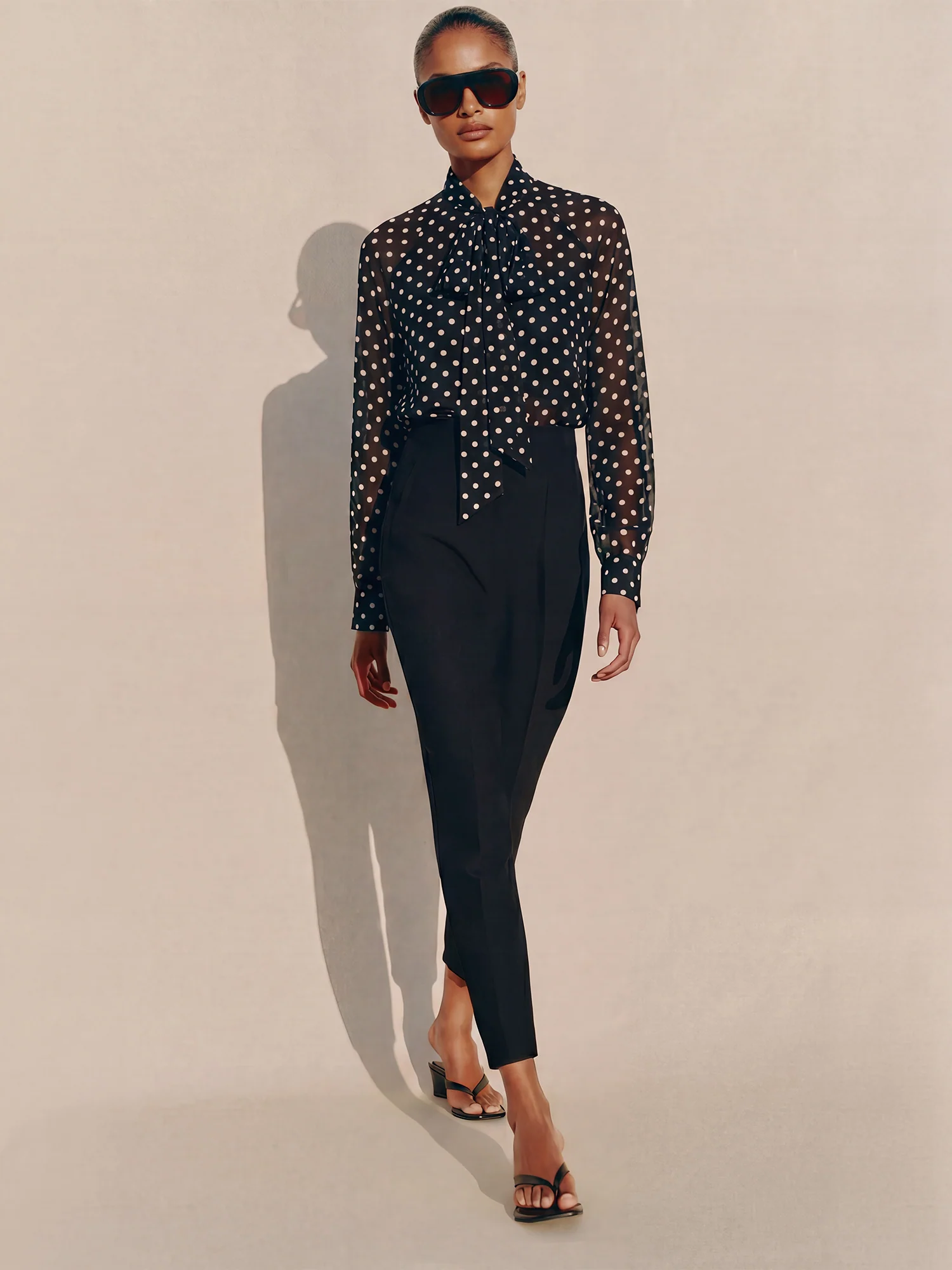 Polka Dot Tie Neck Blouse With Flared Bell Cuffs - Image 3