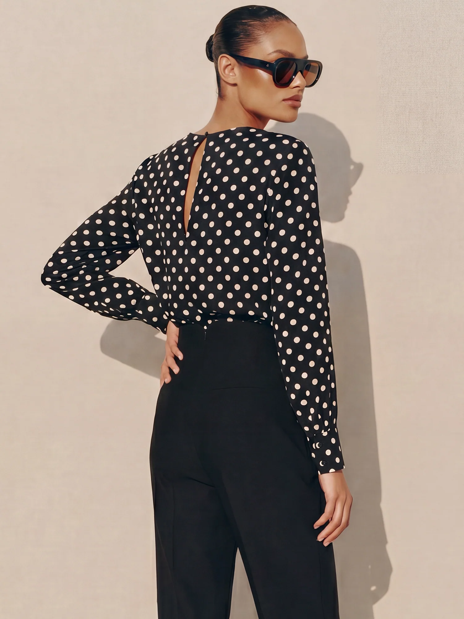 Polka Dot Tie Neck Blouse With Flared Bell Cuffs - Image 4