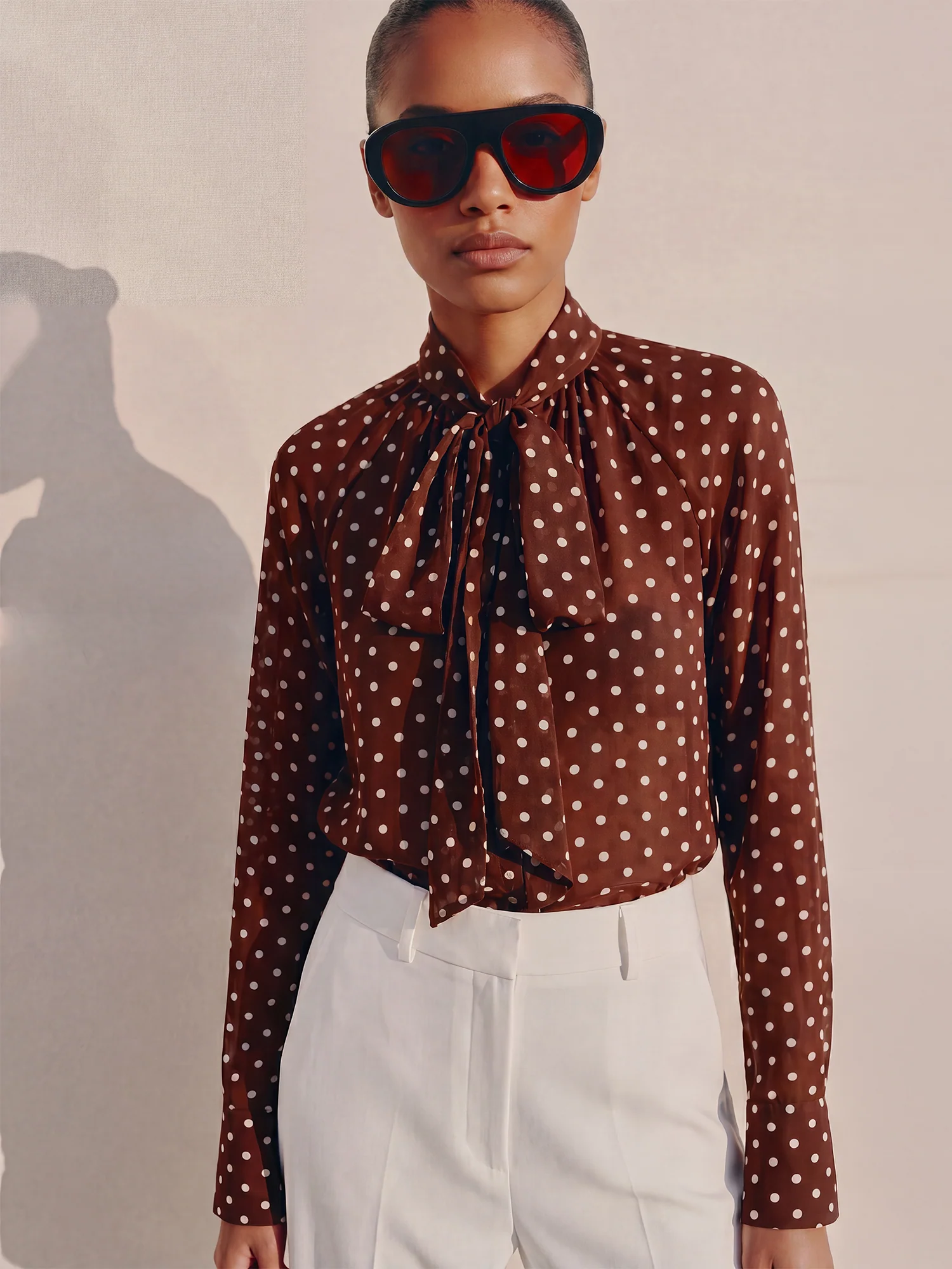 Polka Dot Tie Neck Blouse With Flared Bell Cuffs - Image 6