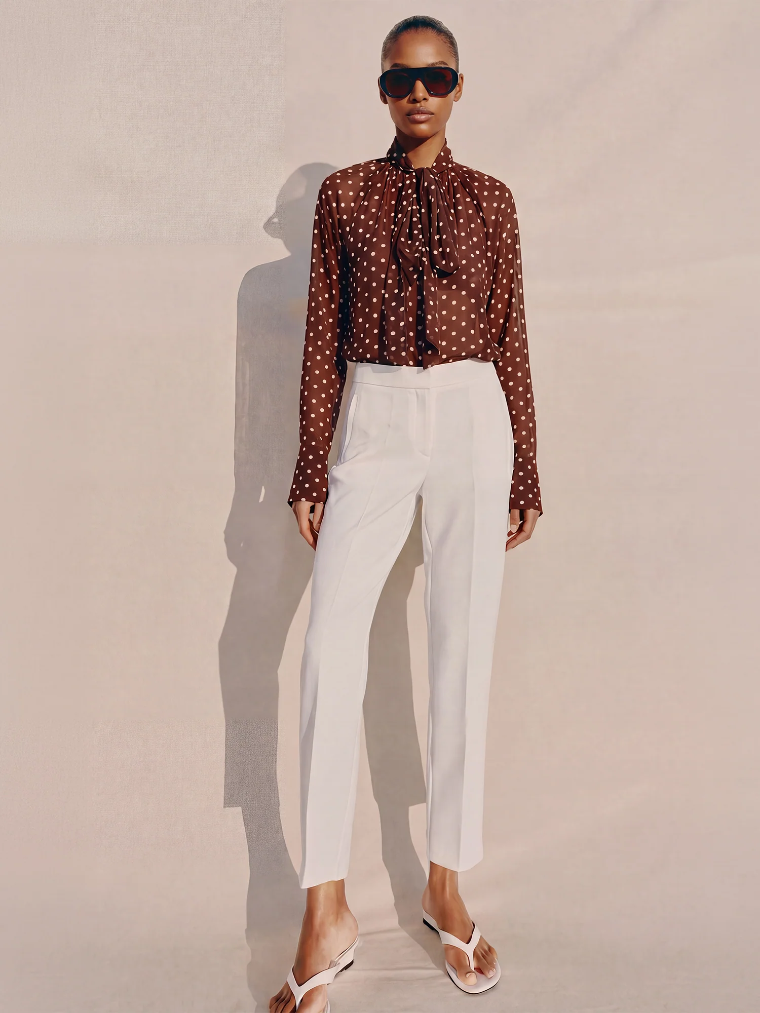 Polka Dot Tie Neck Blouse With Flared Bell Cuffs - Image 7