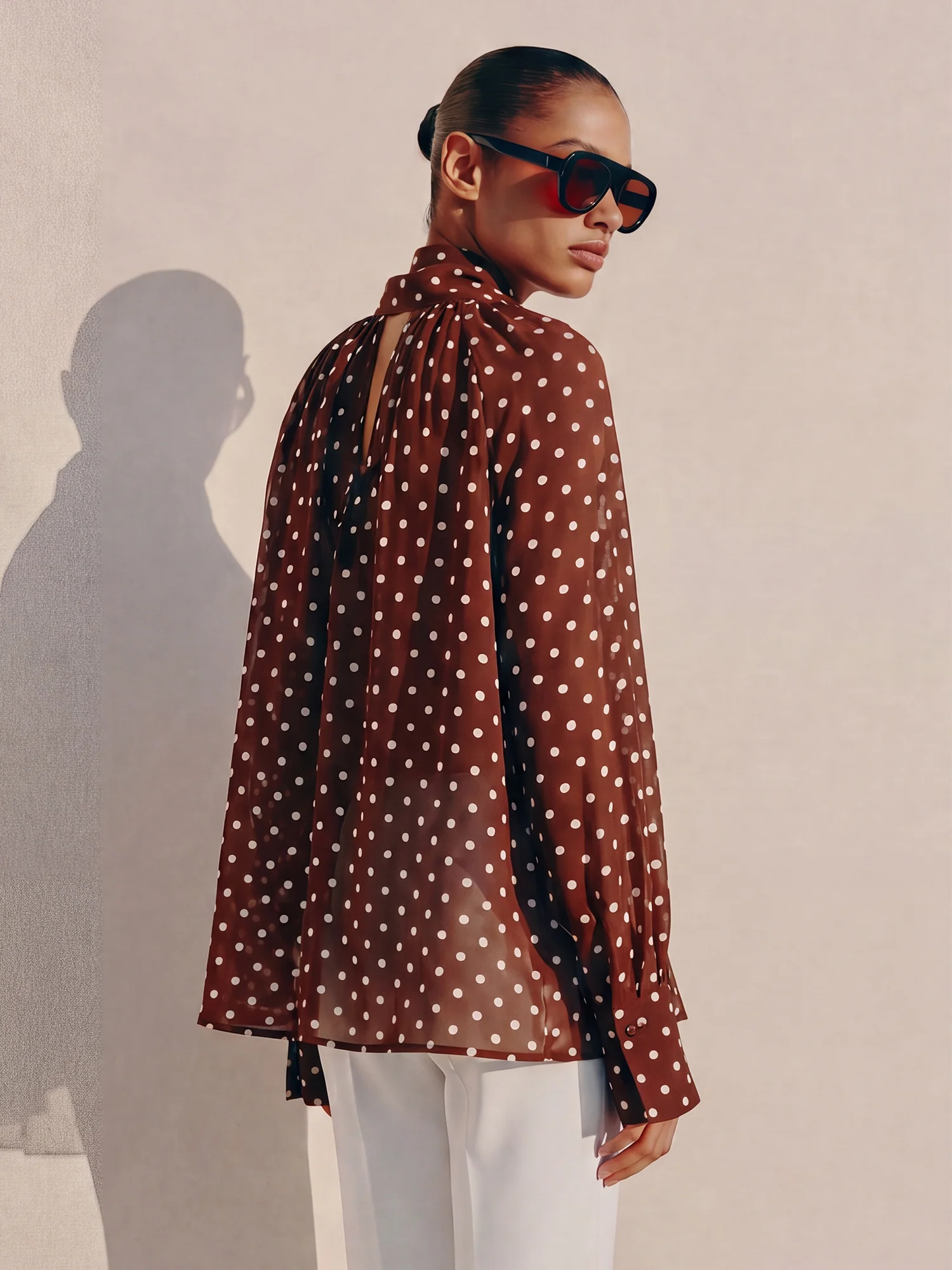 Polka Dot Tie Neck Blouse With Flared Bell Cuffs - Image 8