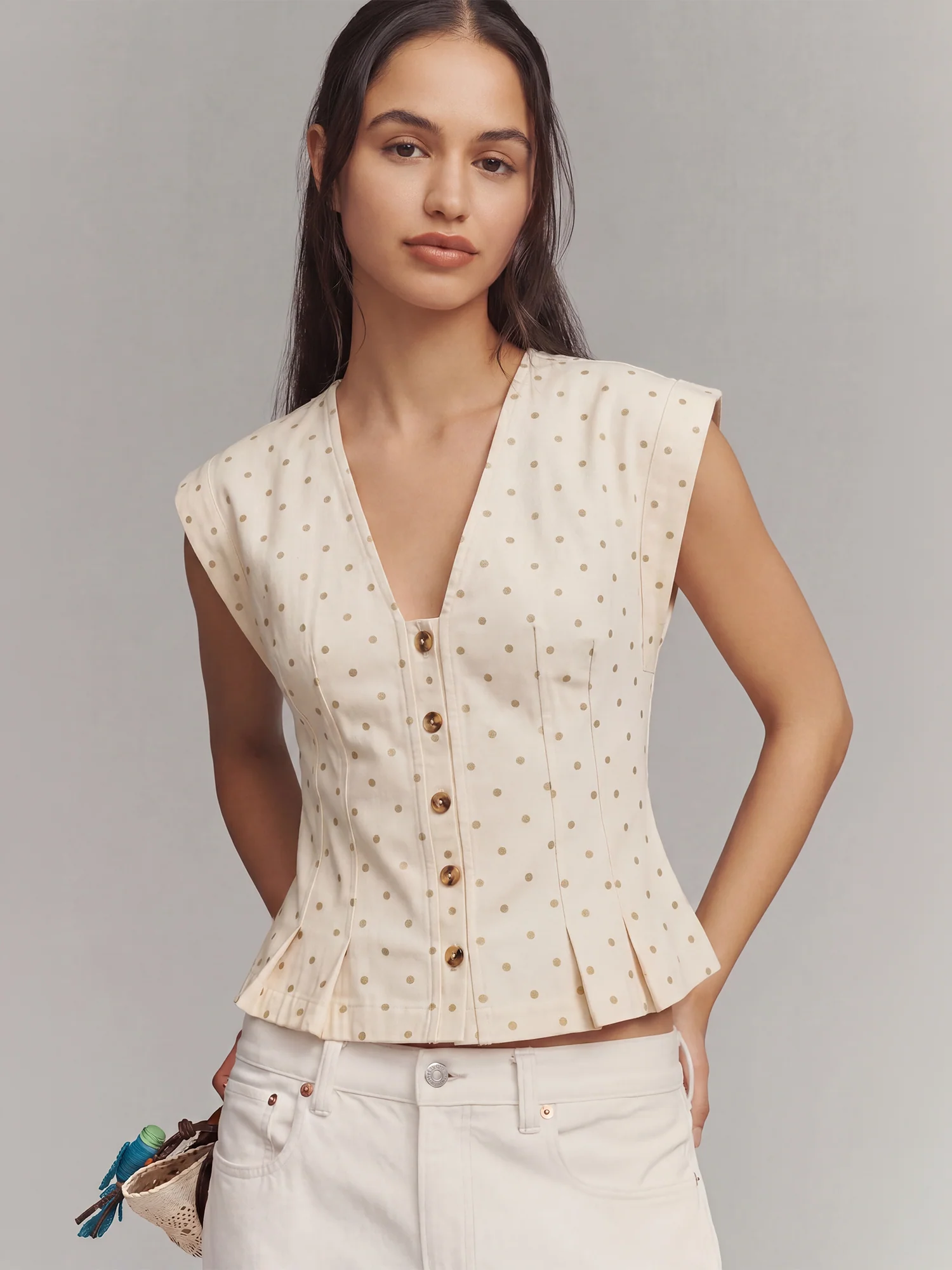 Polka Dot Twill Denim Button Pleated Vest Top - Image 2