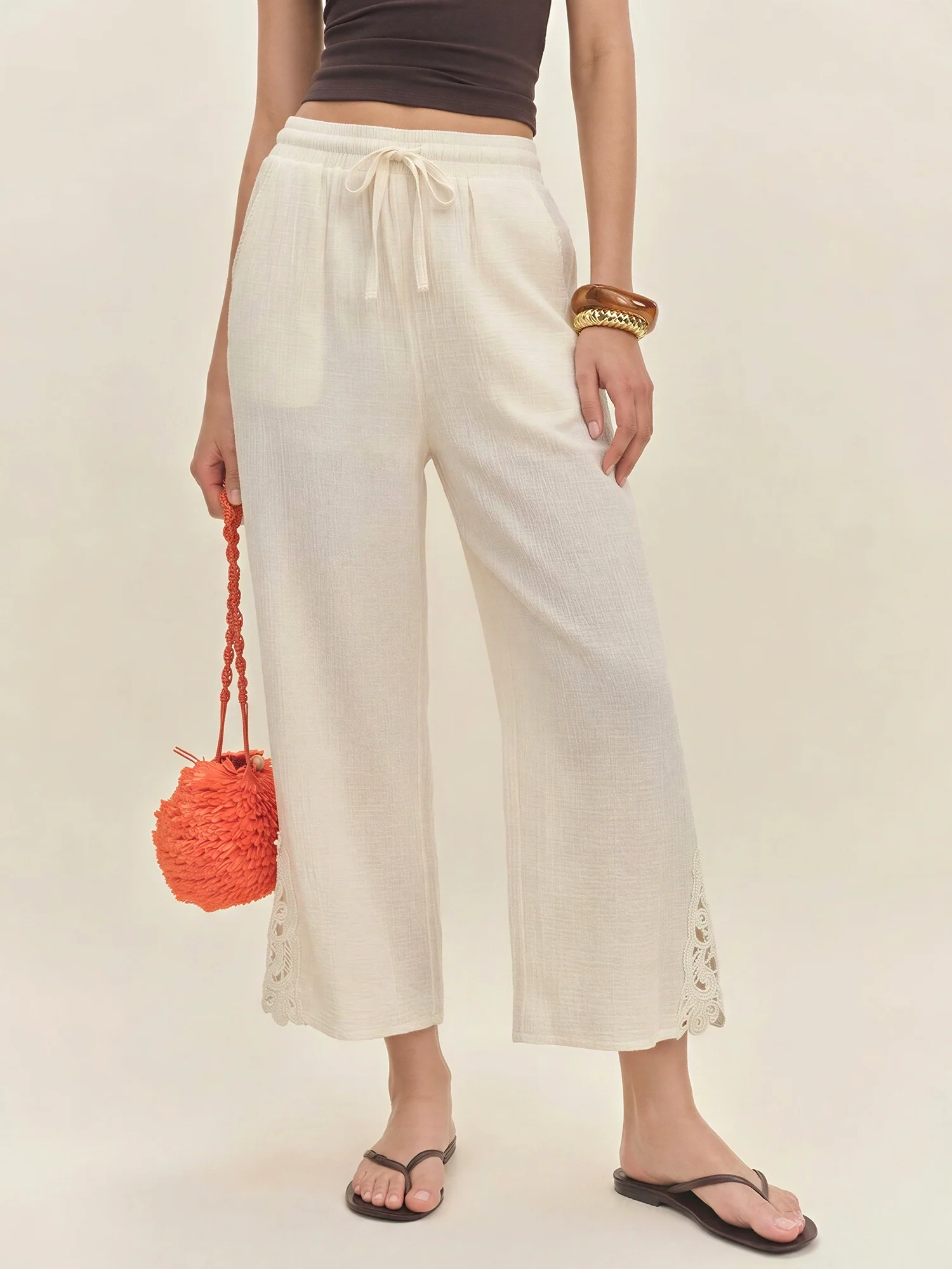 Pull On Crochet Detail Gauze Pants - Image 3