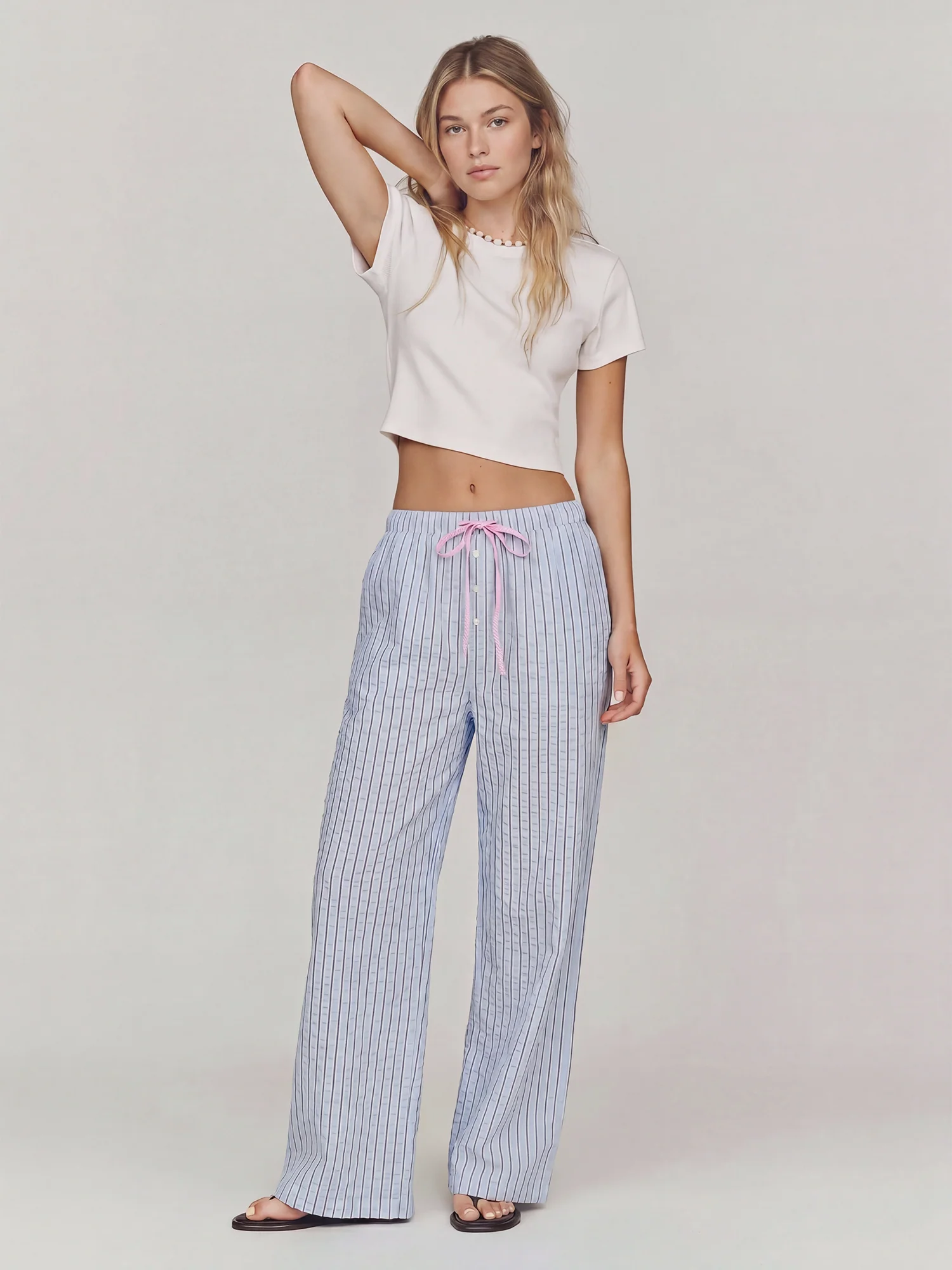 Ribbon Drawstring Striped Pants