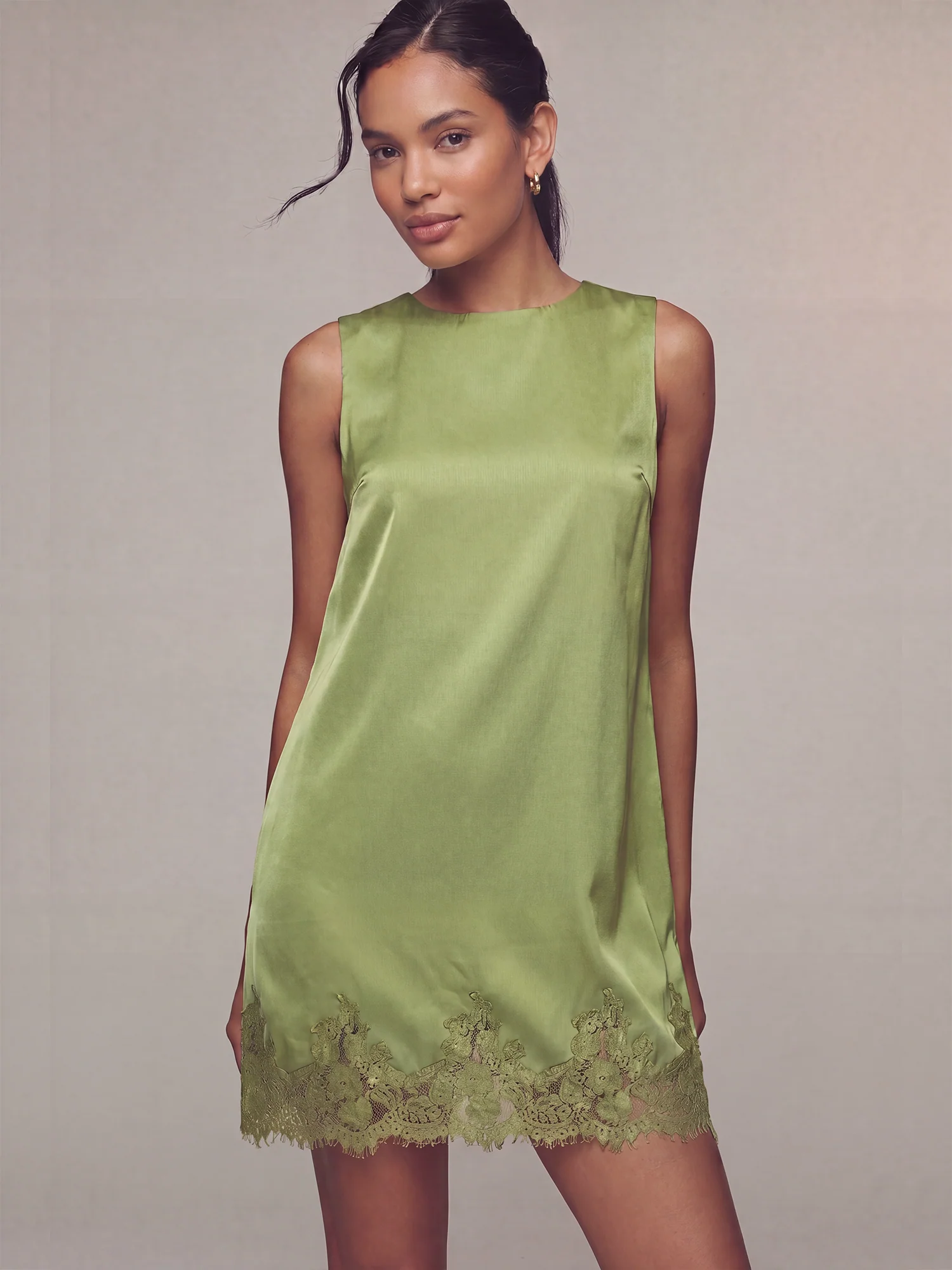 Round Neck Sleeveless Lace Detail Satin Shift Dress