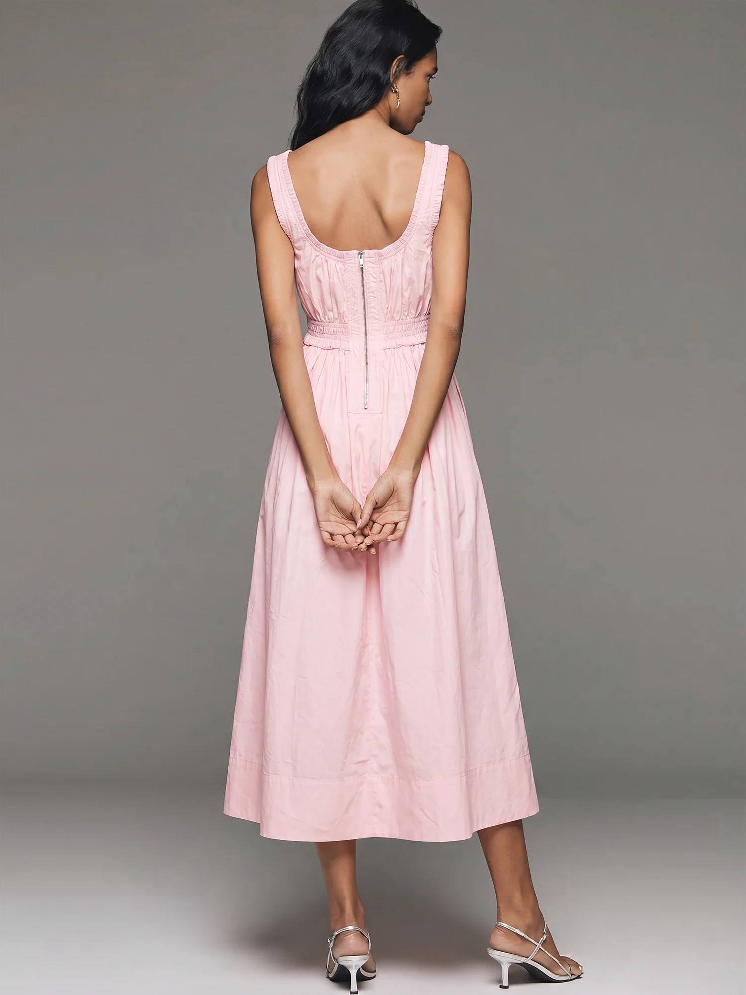 Ruched Sleeveless A-Line Poplin Dress With Squsre Neckline - Image 3