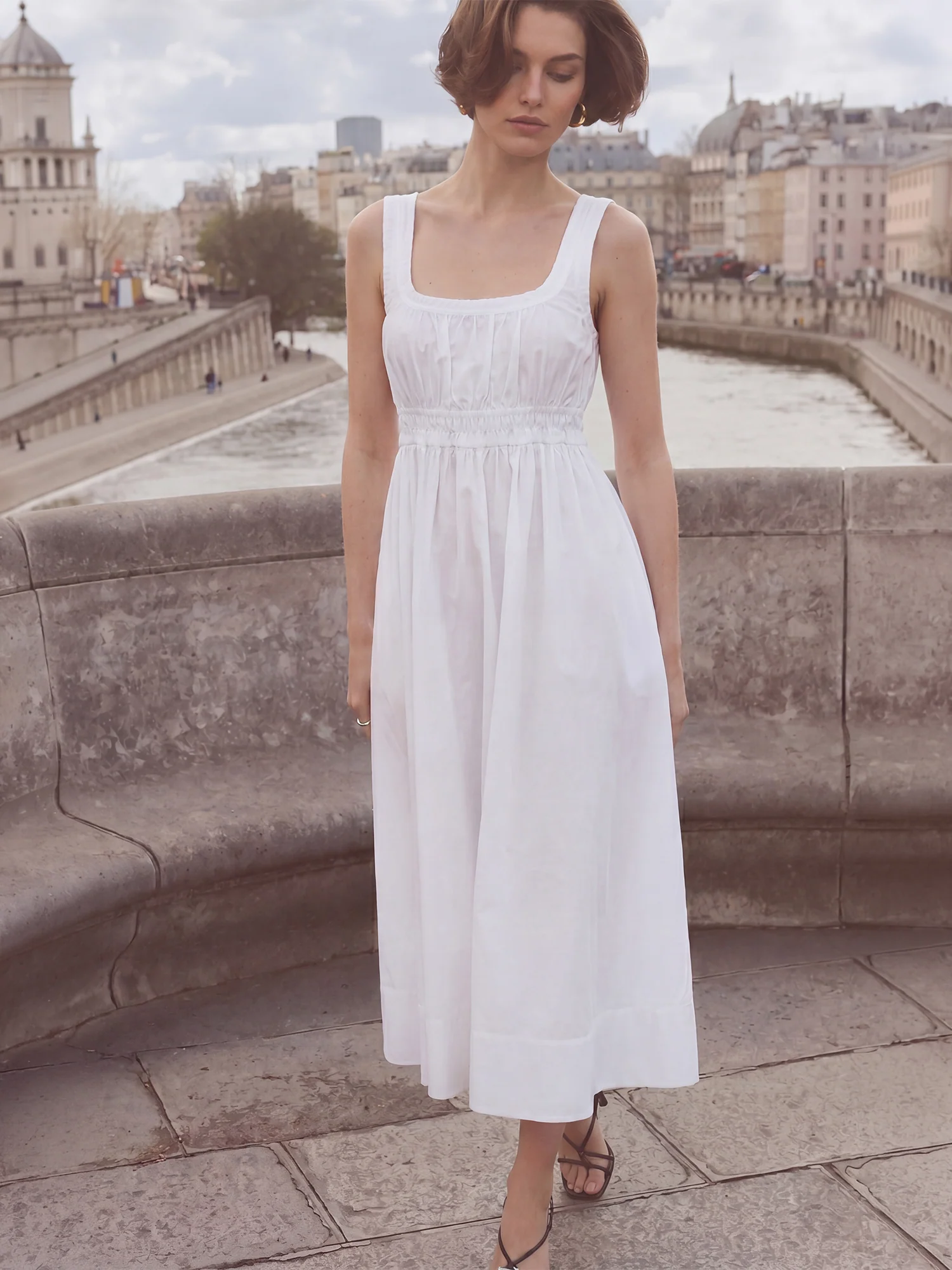 Ruched Sleeveless A-Line Poplin Dress With Squsre Neckline - Image 5