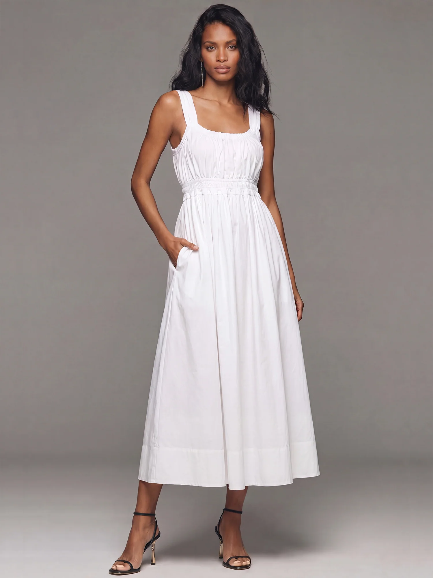 Ruched Sleeveless A-Line Poplin Dress With Squsre Neckline - Image 6