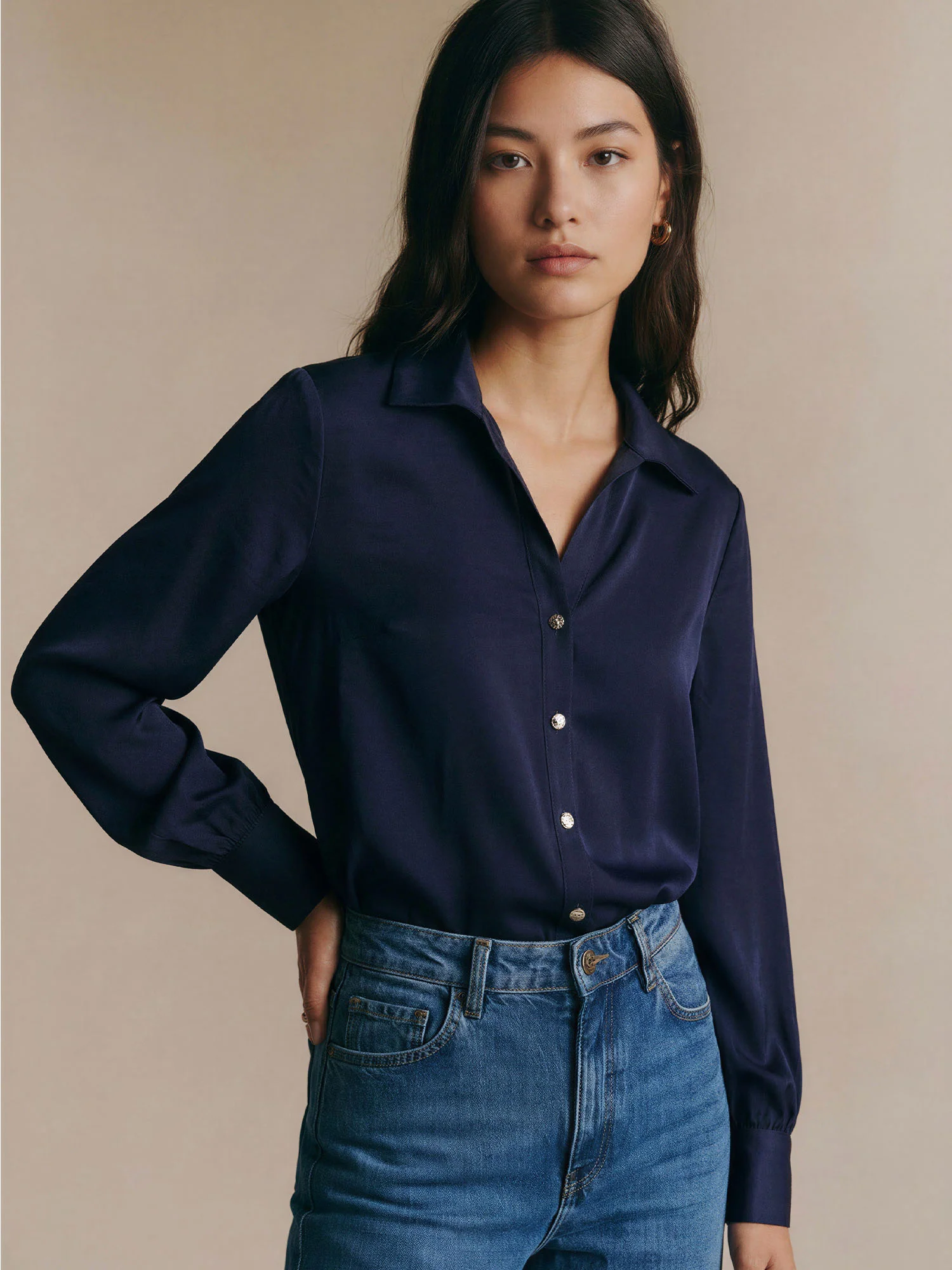 Satin Cuffed Button Down Blouse - Image 4