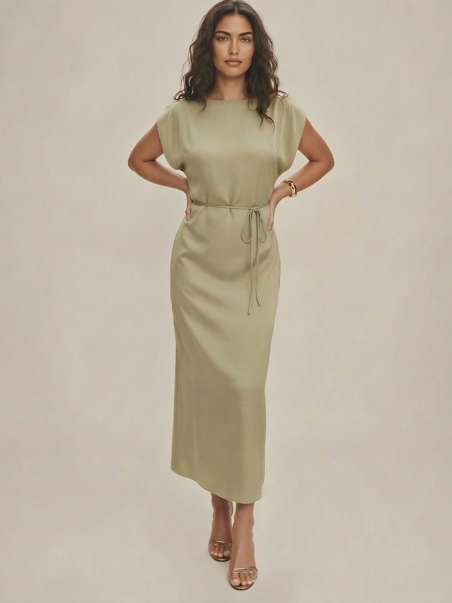 Satin Tie Front Boat Neckline With Dolman Sleeves Midi Dress - Image 3
