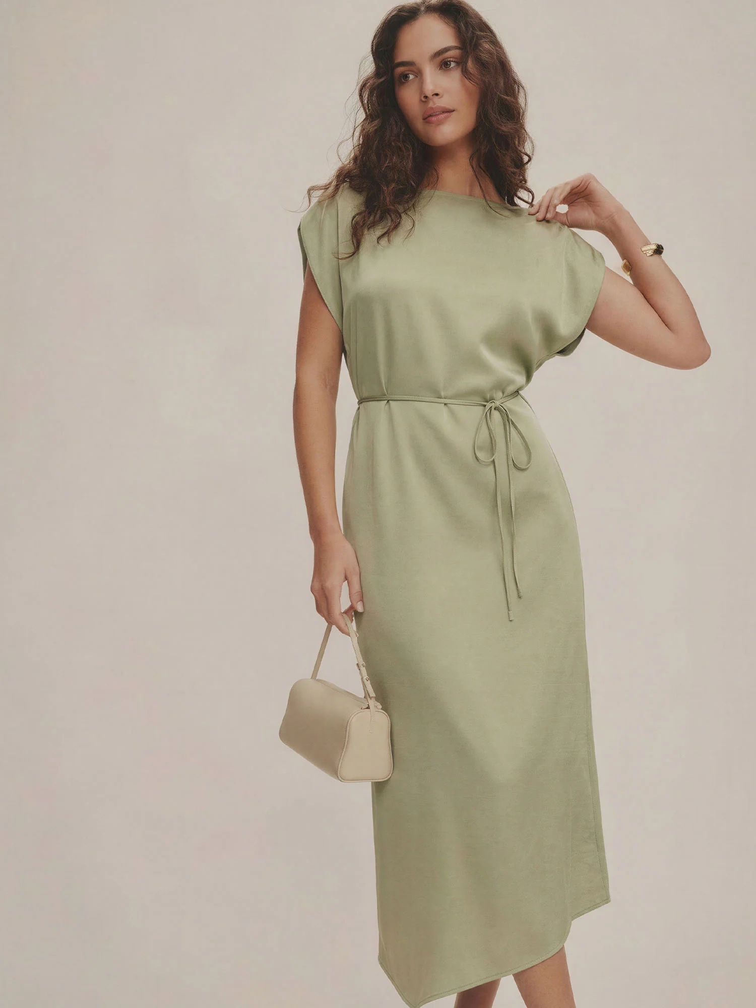 Satin Tie Front Boat Neckline With Dolman Sleeves Midi Dress - Image 4