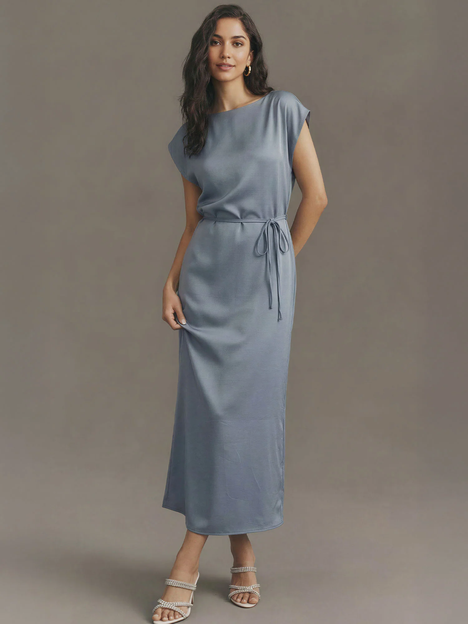 Satin Tie Front Boat Neckline With Dolman Sleeves Midi Dress - Image 7